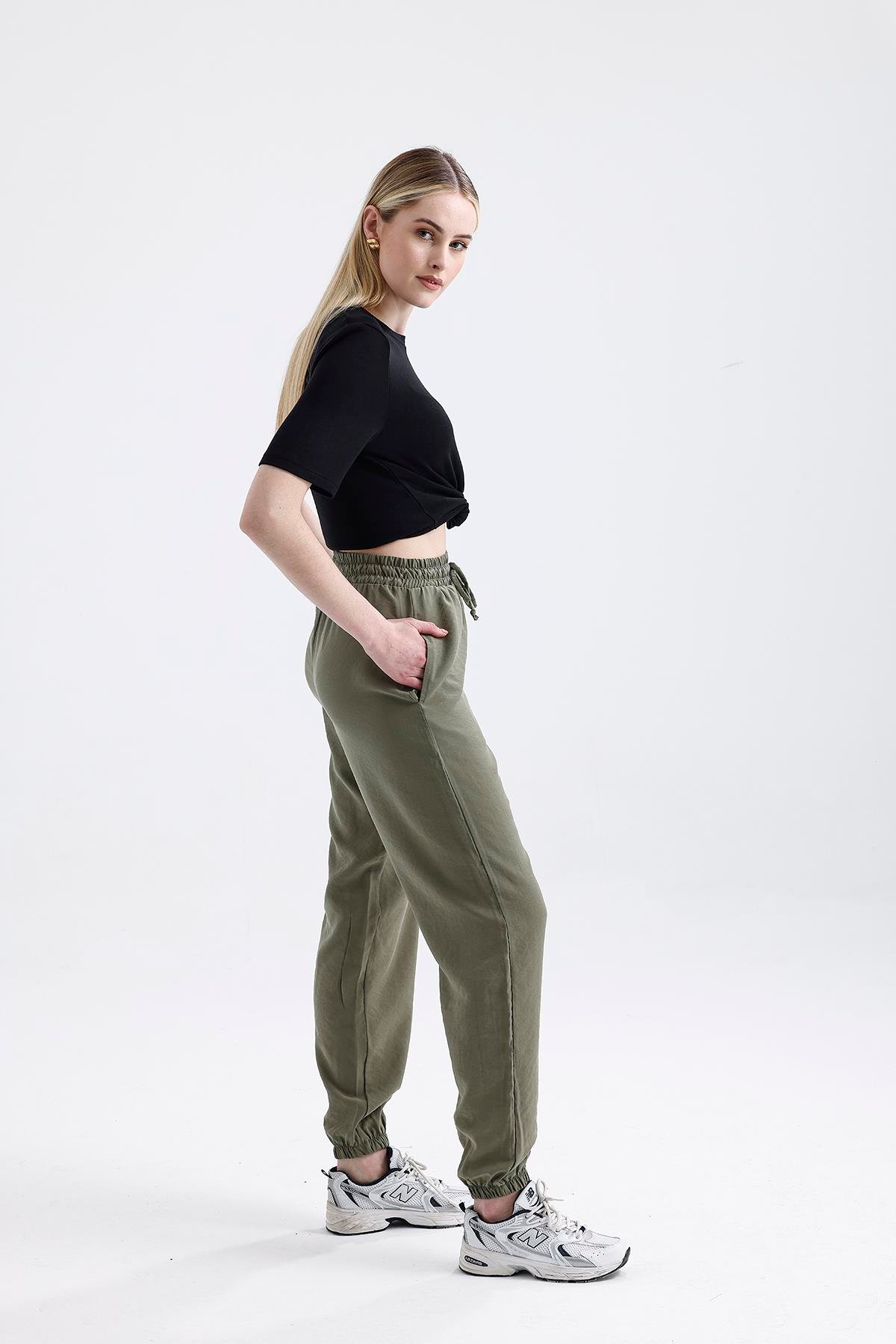 Olive Drap Modal Büzgü Paça