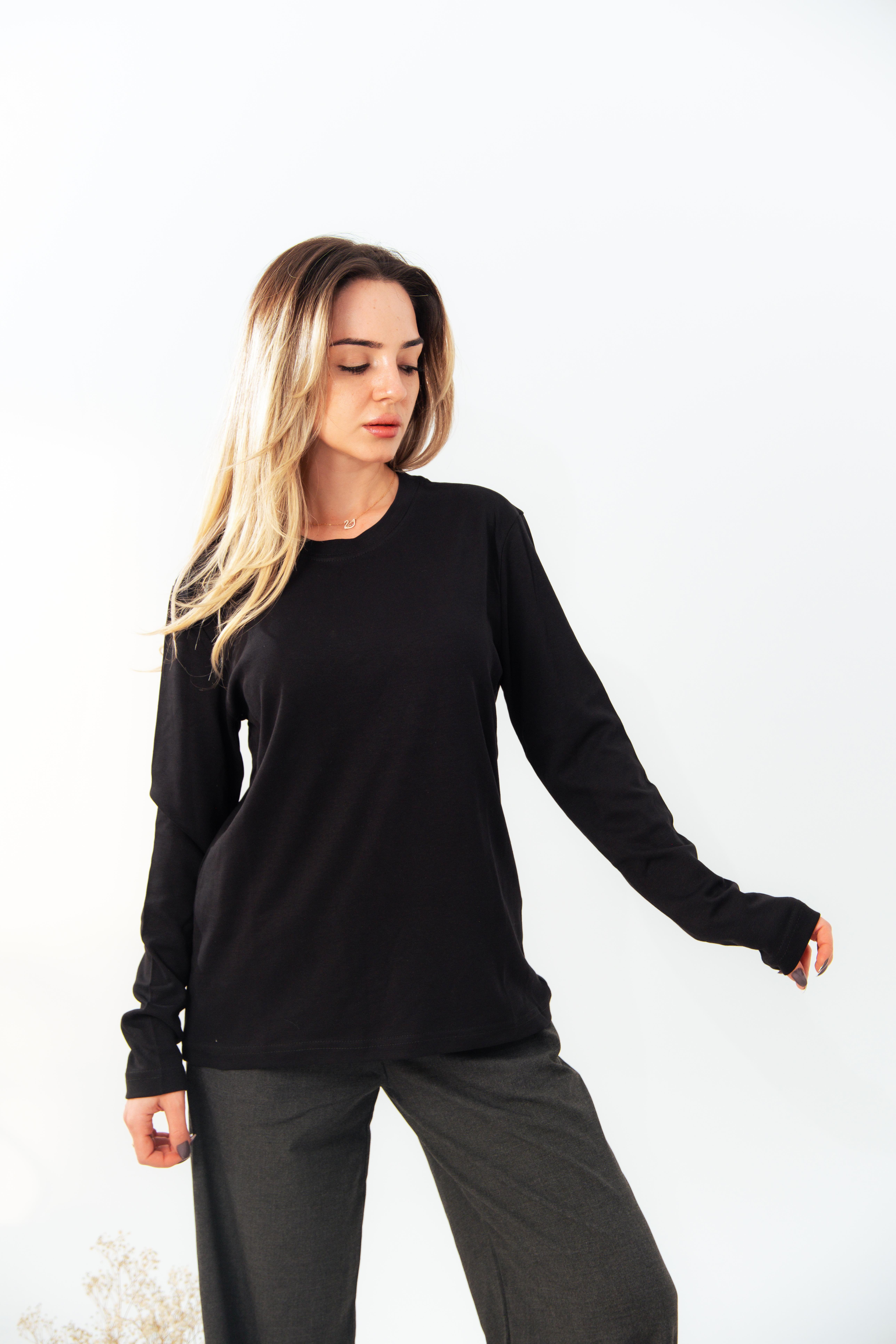 Siyah Bisiklet Yaka Uzun Kol T-shirt