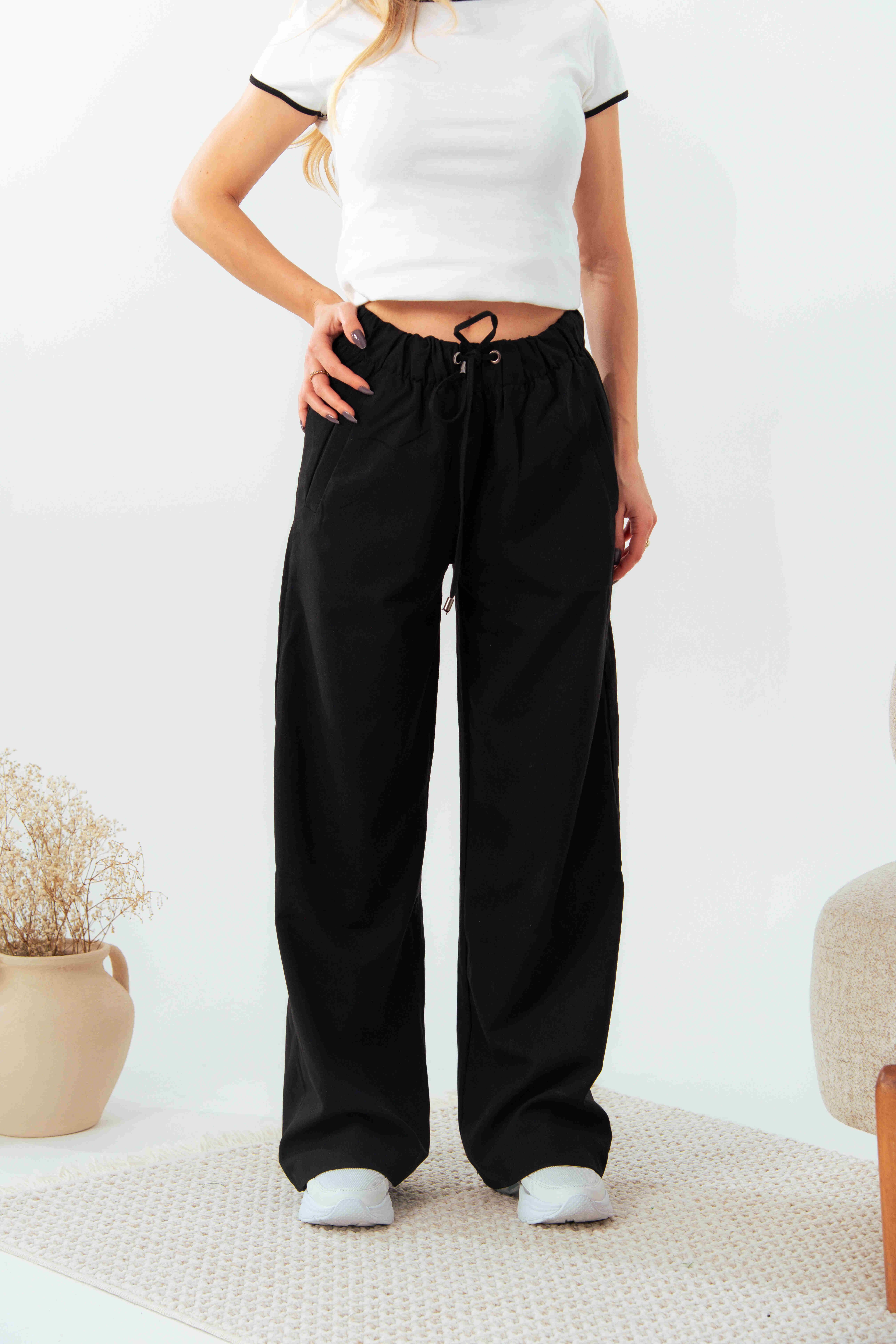 Siyah Gabardin Bol Paça Pantolon