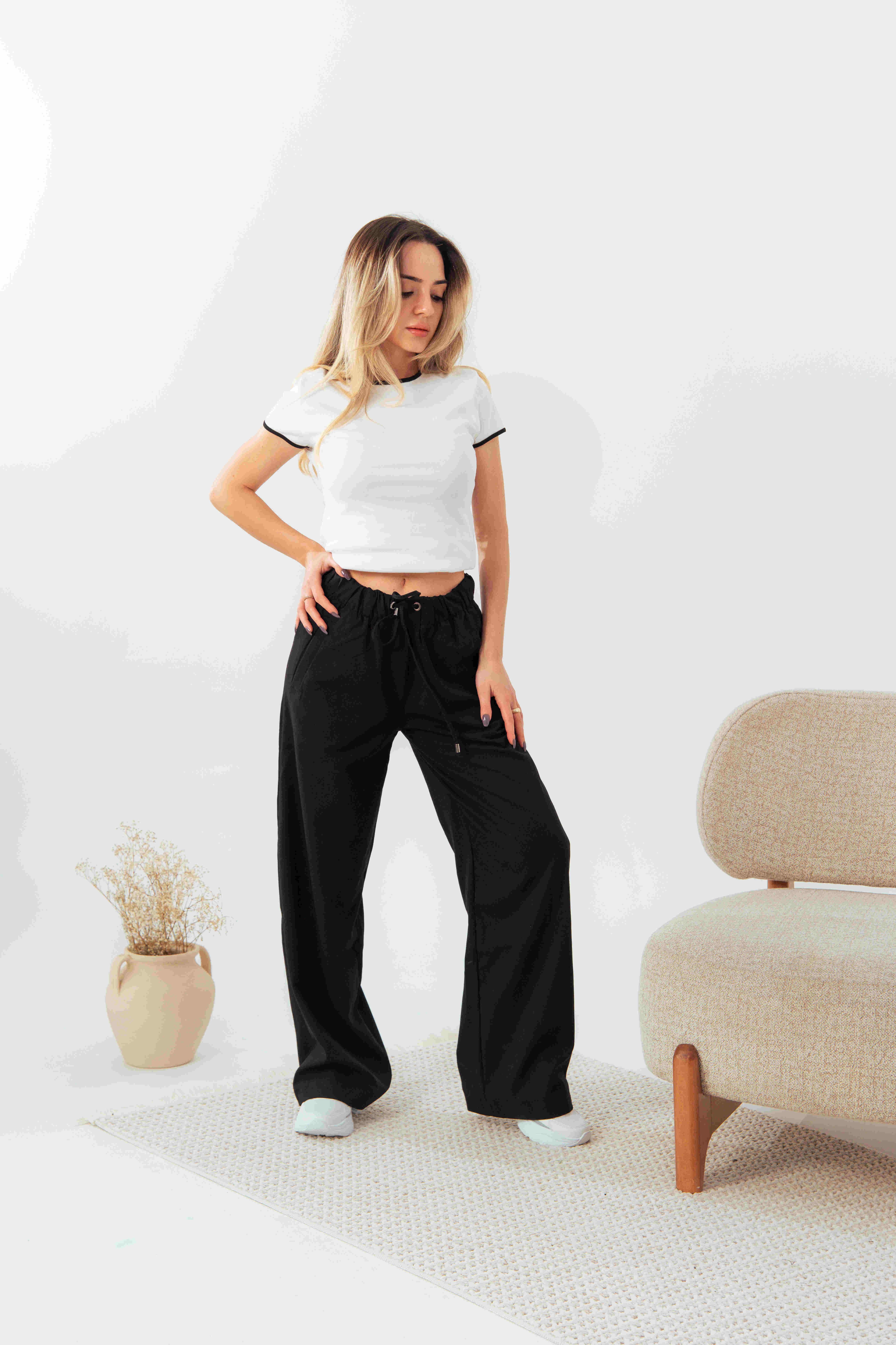 Siyah Gabardin Bol Paça Pantolon