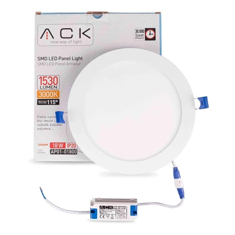 ACK 18 W Led Panel - Gün Işığı (3000K) - Beyaz Kasa - Yuvarlak - Sıva Altı - AP01-01800