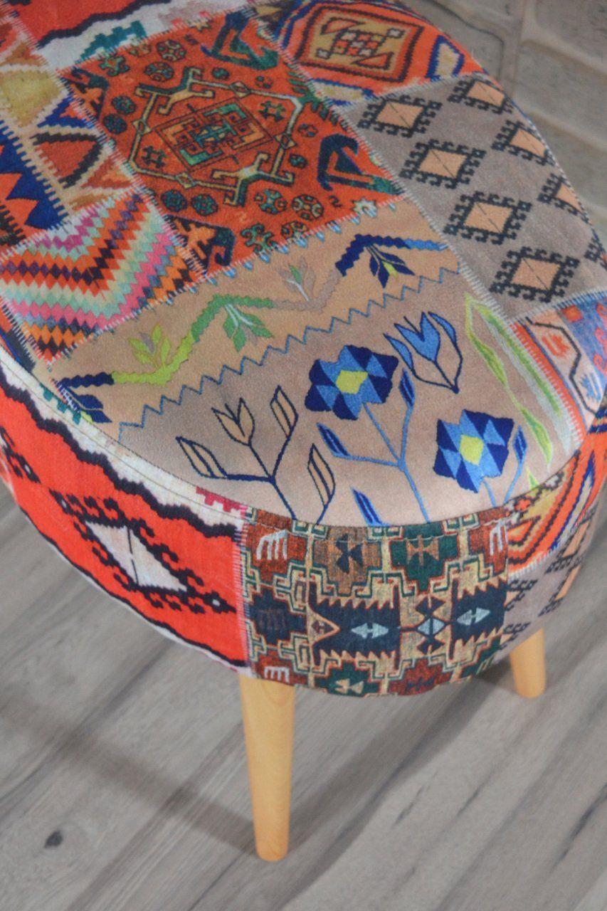 Rossi Oval Puf Turuncu Kilim Desenli