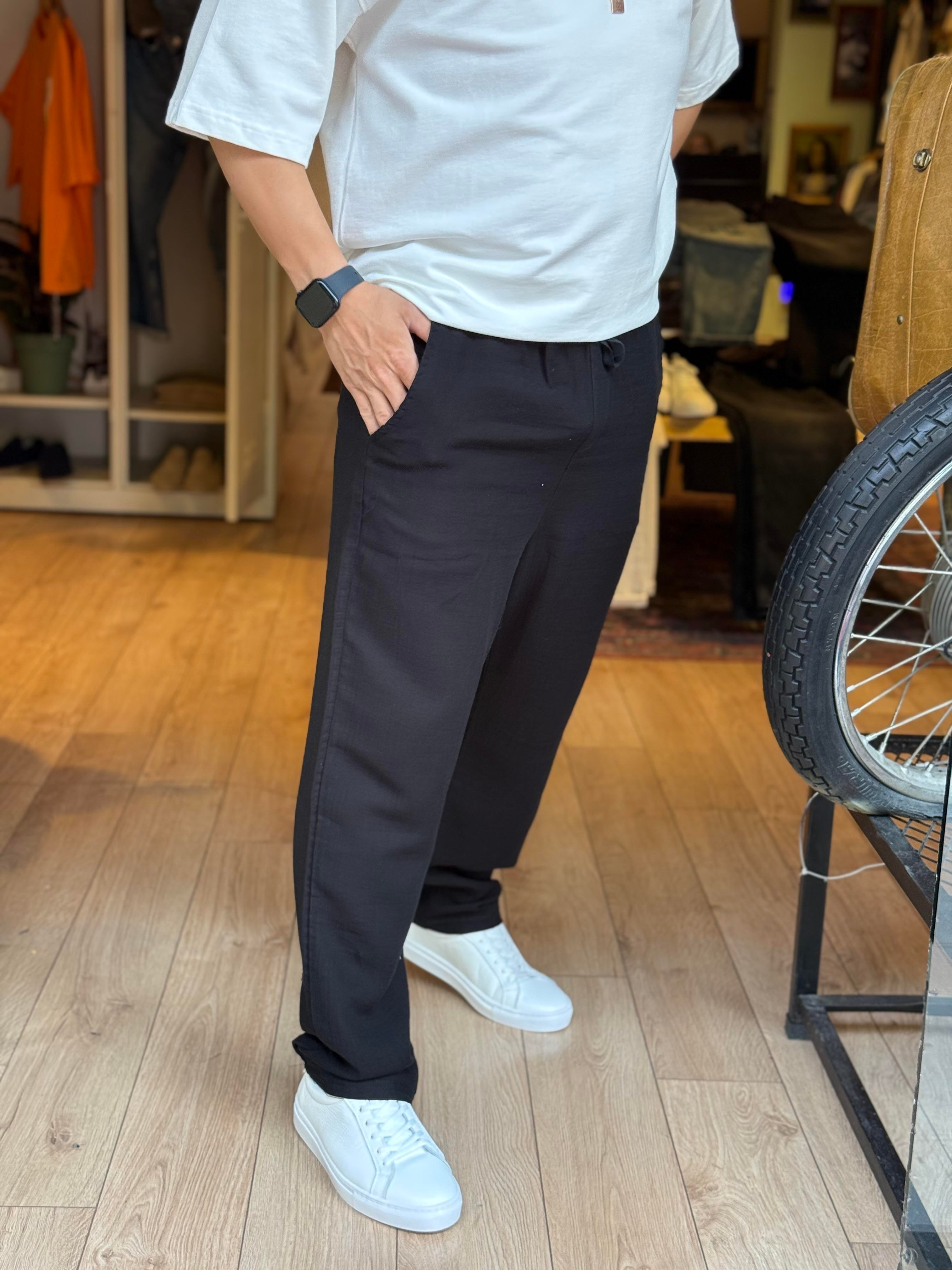 Geniş Kalıp Keten Pantolon Siyah