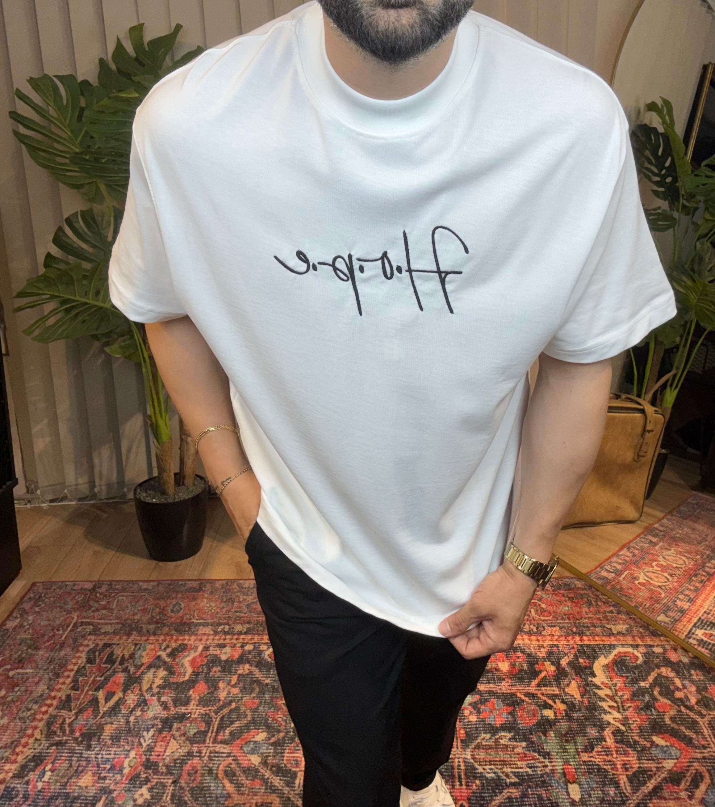 Halı Desenli Oversize Beyaz Tişört