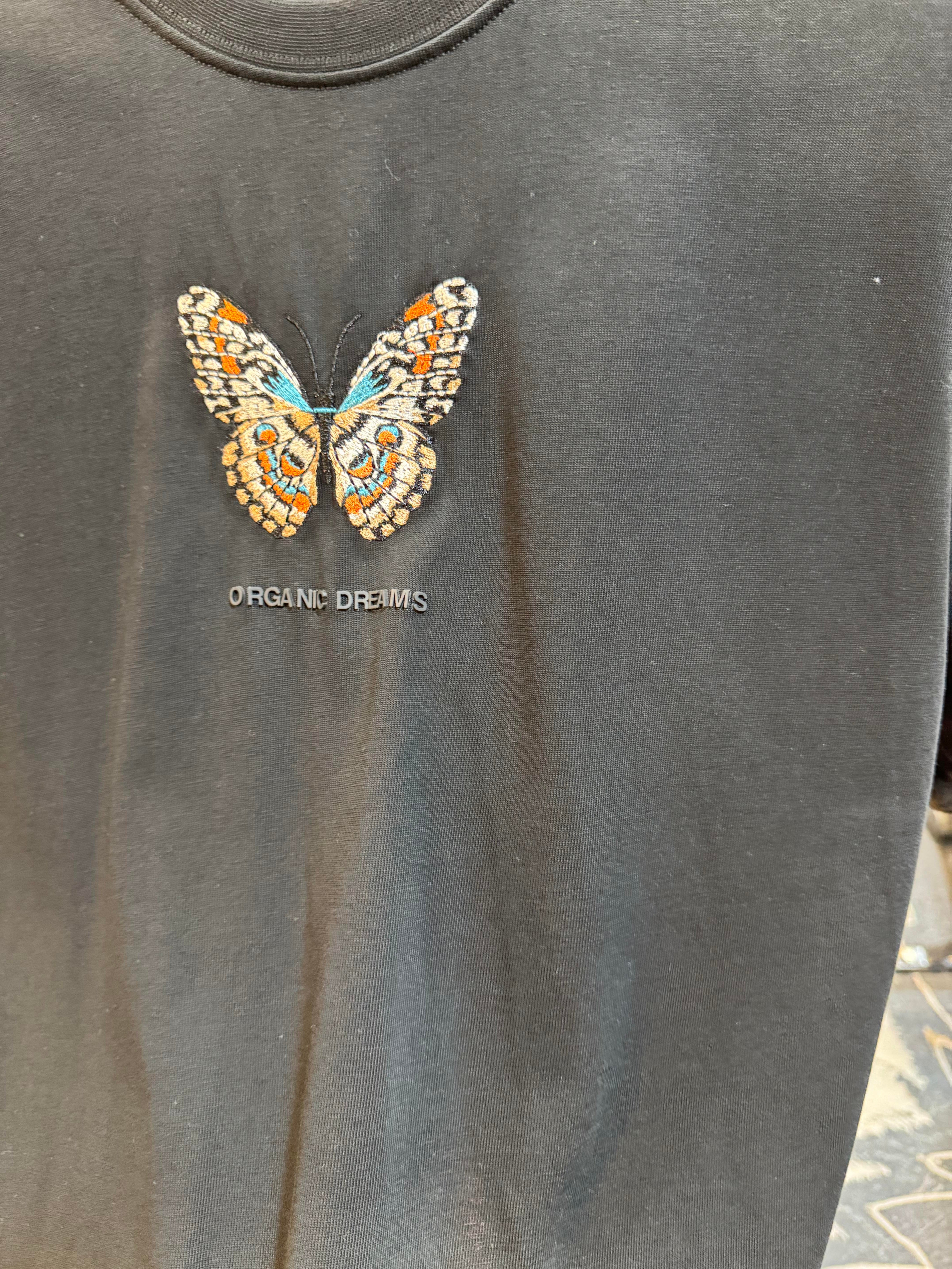 Kelebek Baskılı Oversize Siyah Tişört