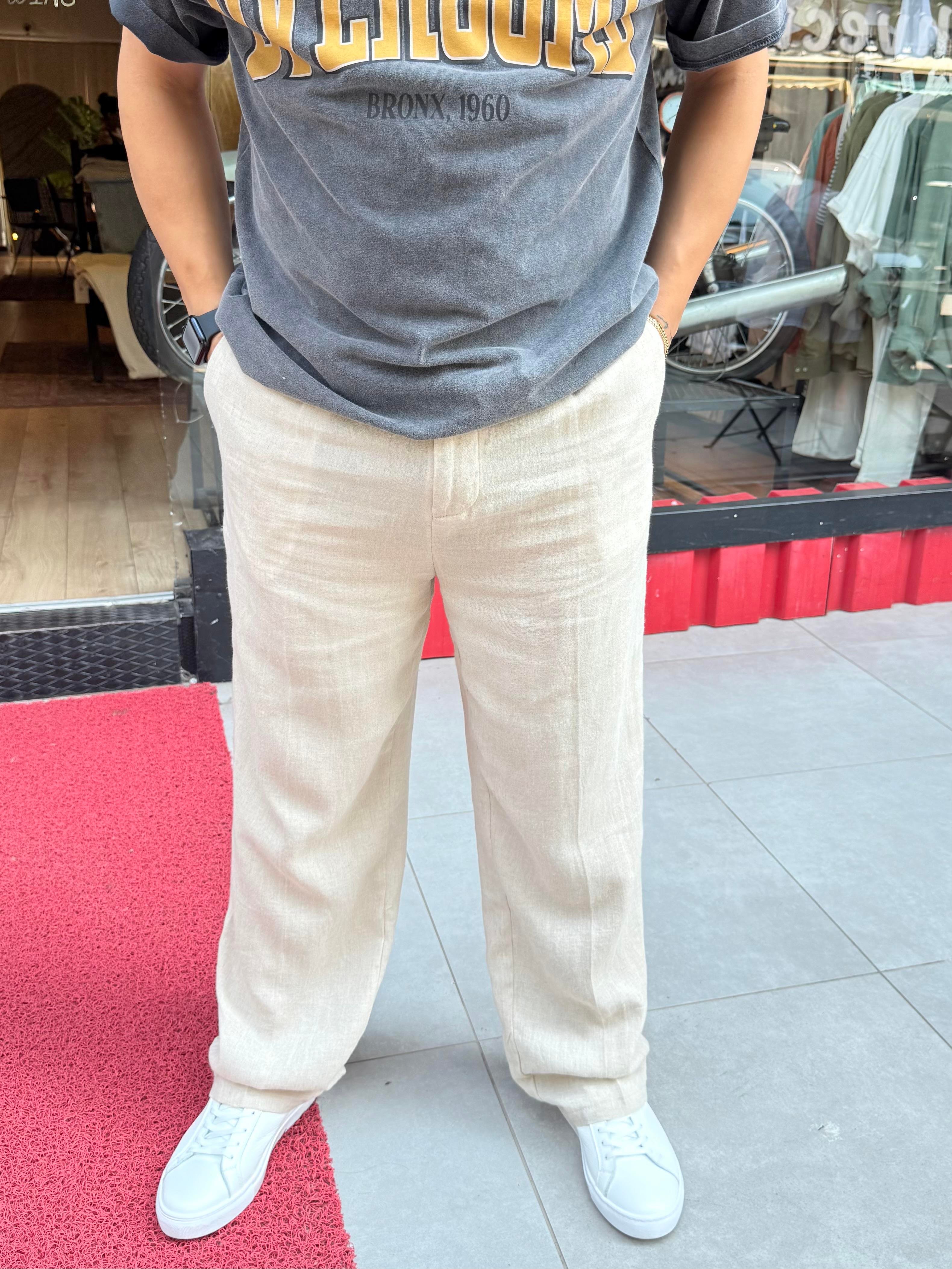 Keten Baggy Pantolon Krem