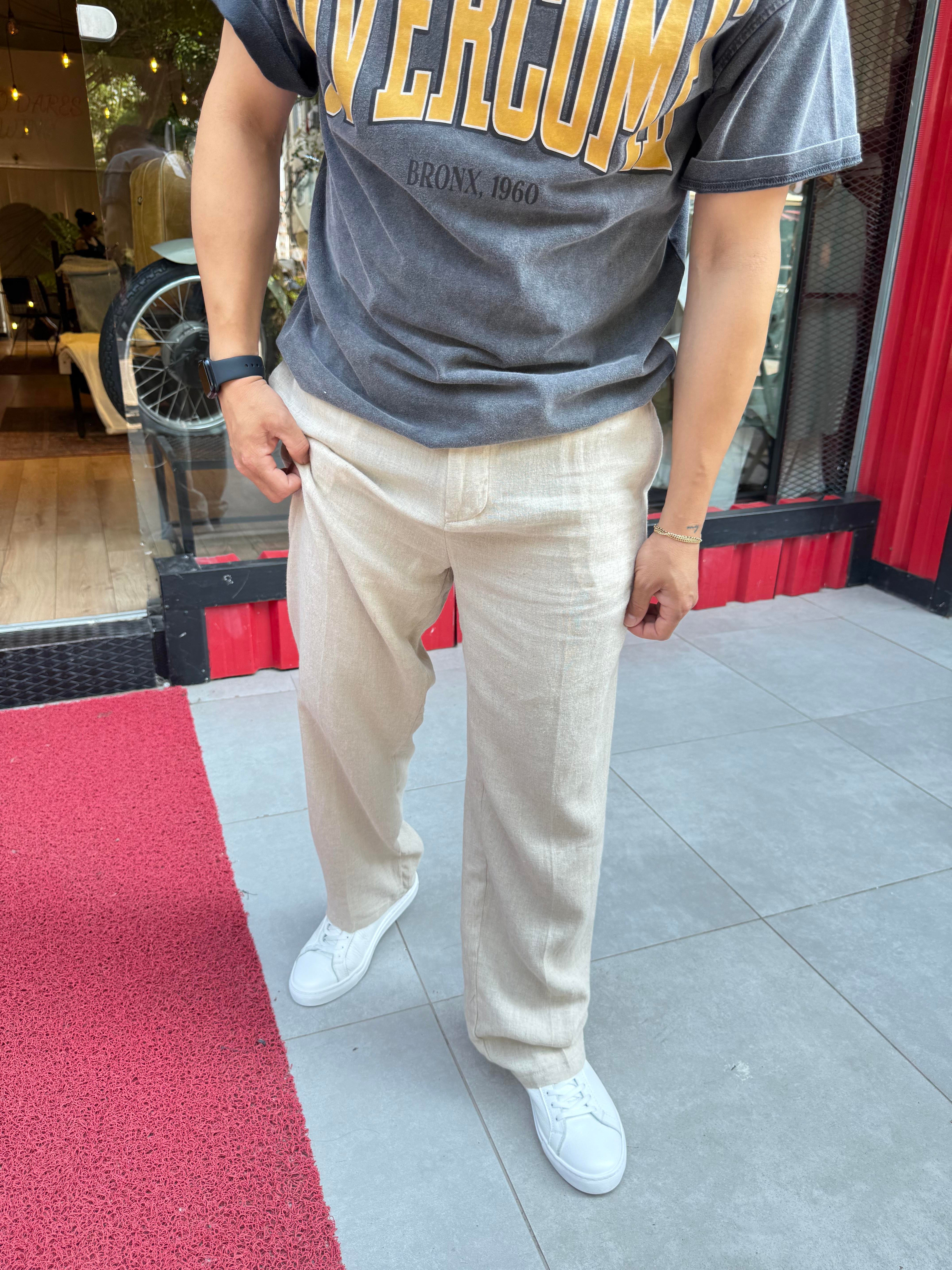 Keten Baggy Pantolon Krem