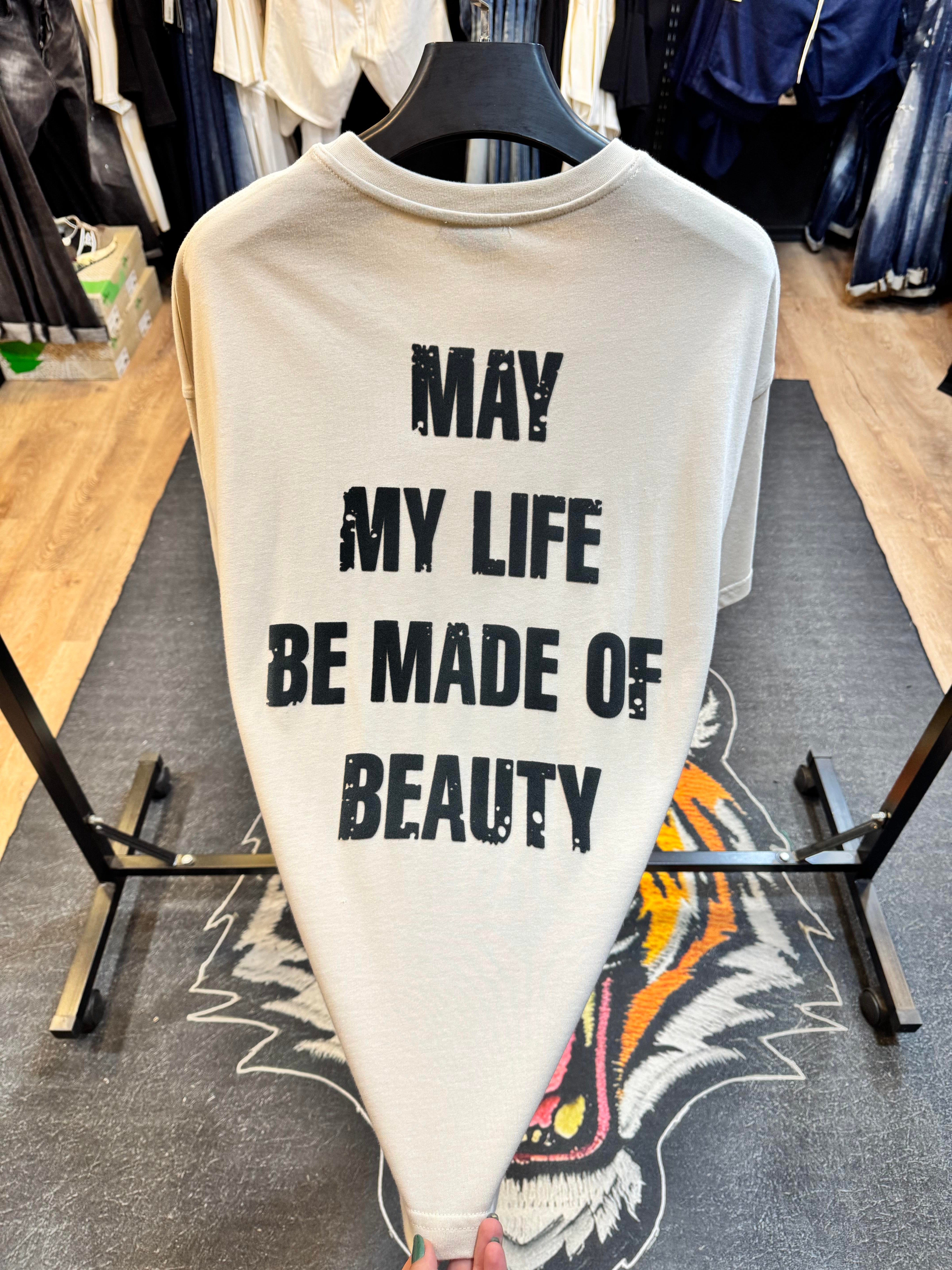 My Life Baskılı Oversize Bej tişört