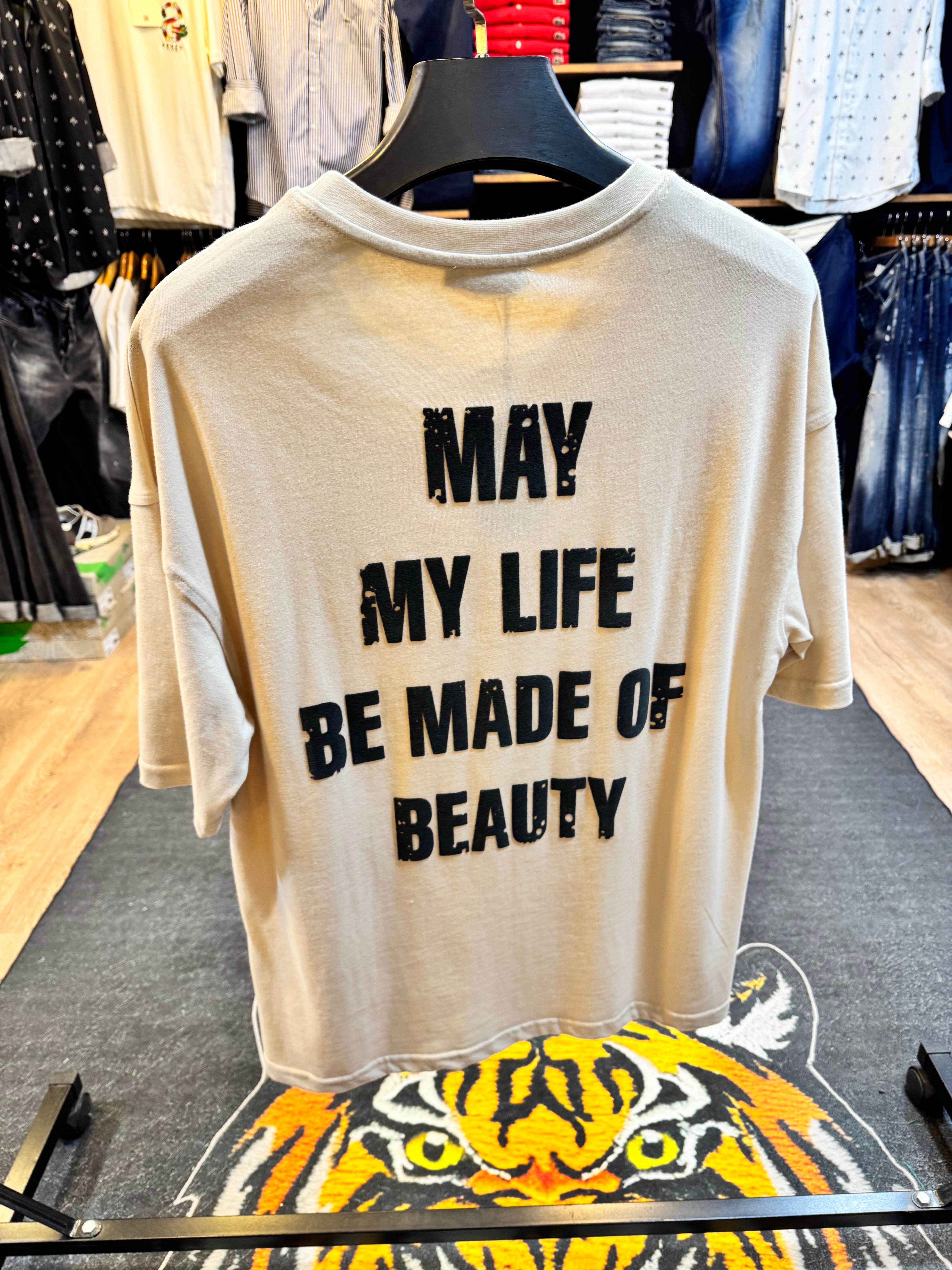 My Life Baskılı Oversize Bej tişört
