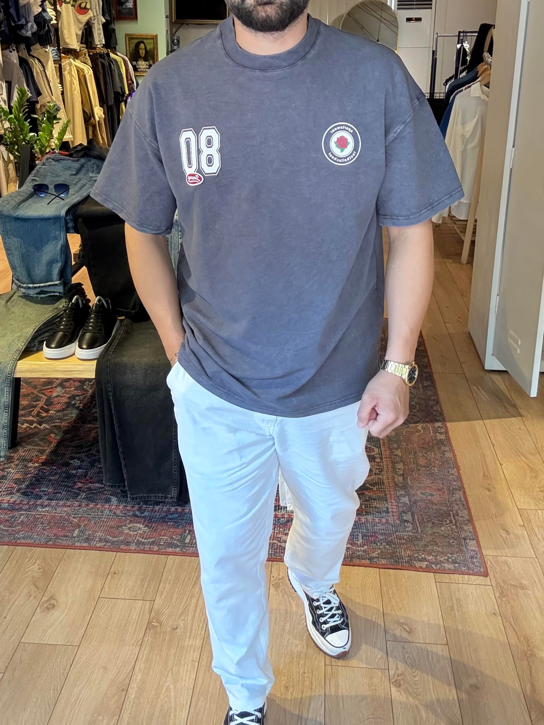 Yıkamalı 80 Baskılı Gri Oversize Tişört