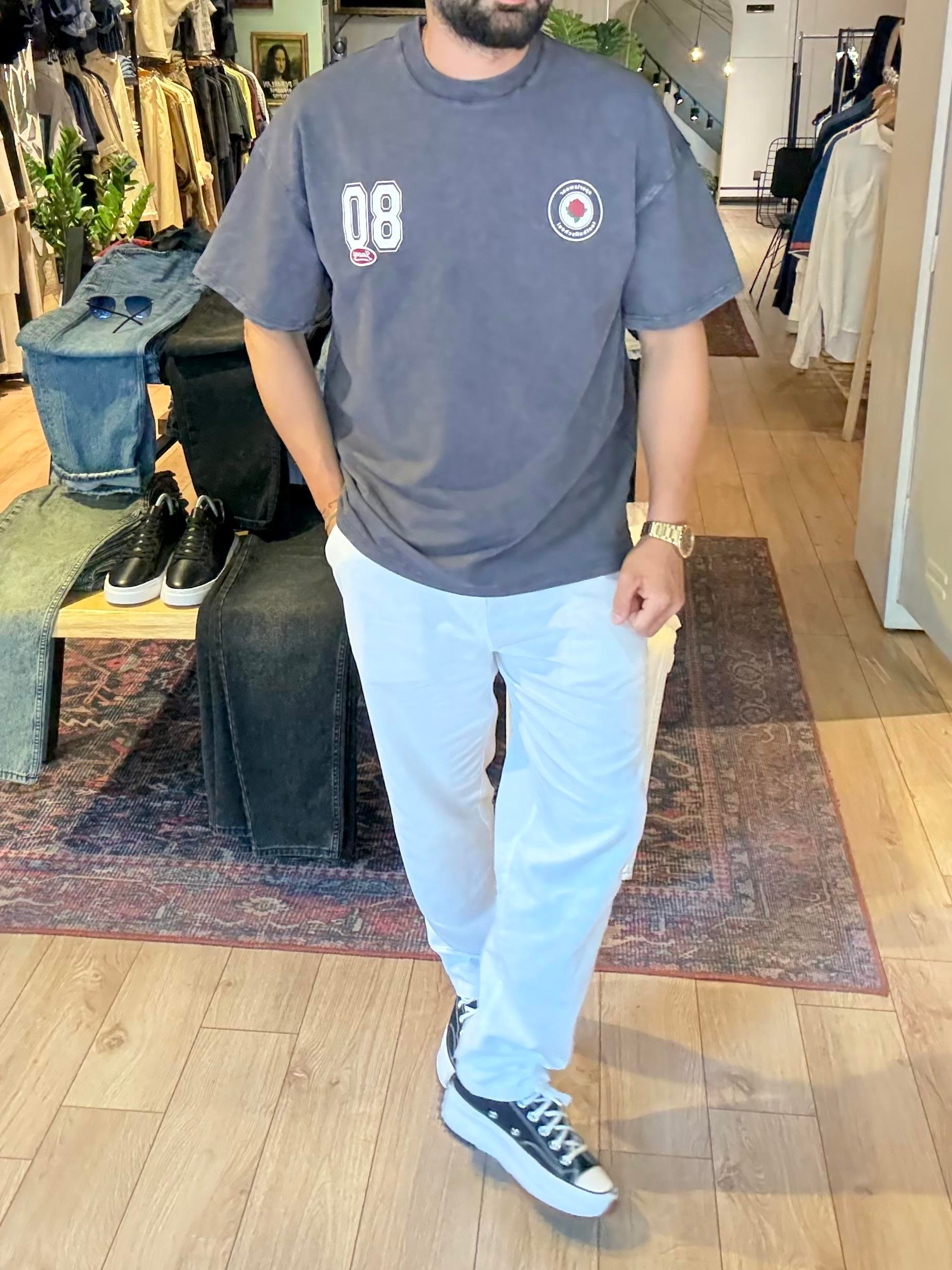 Yıkamalı 80 Baskılı Gri Oversize Tişört