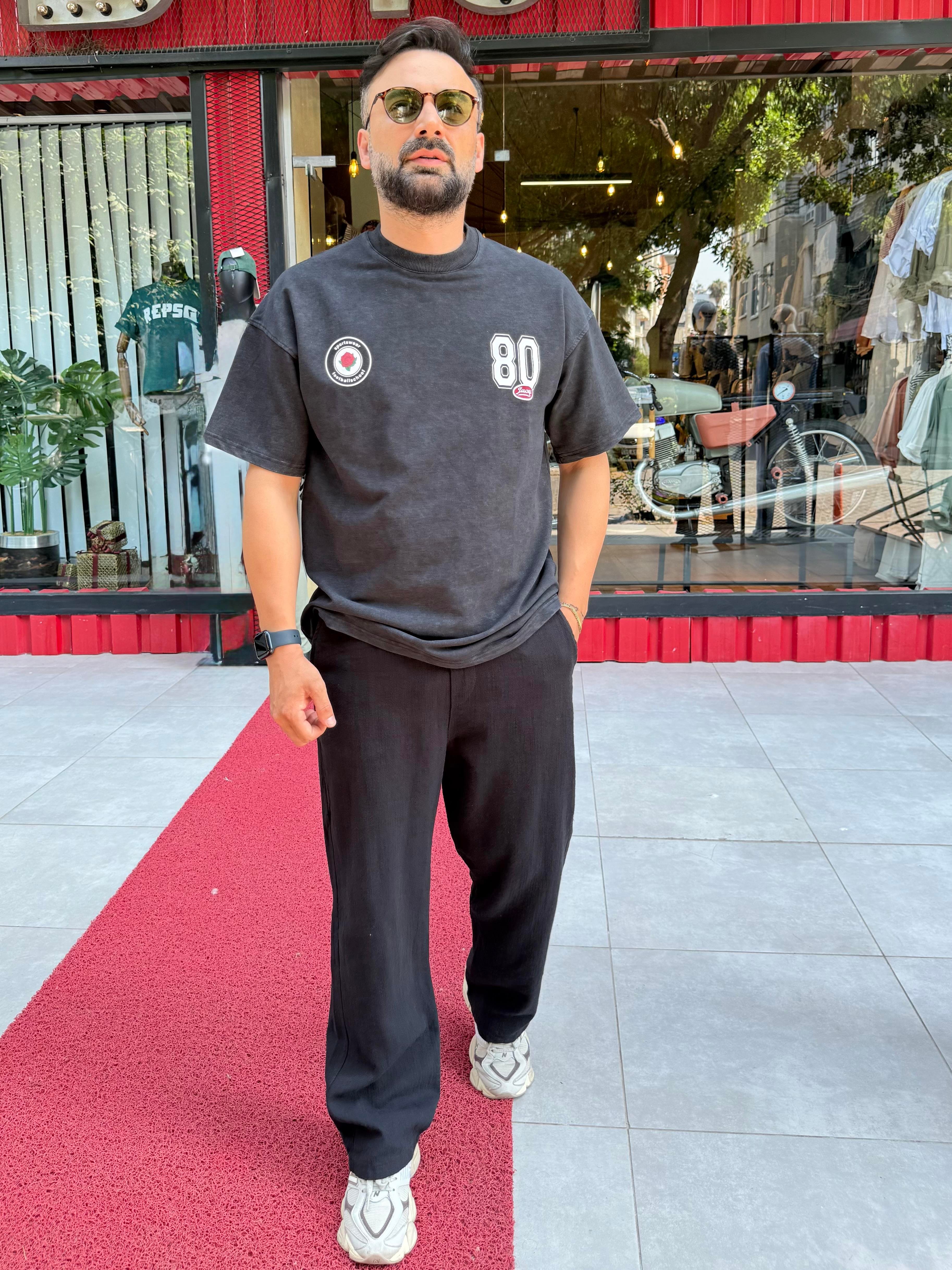 Yıkamalı 80 Baskılı Koyu Gri Oversize Tişört