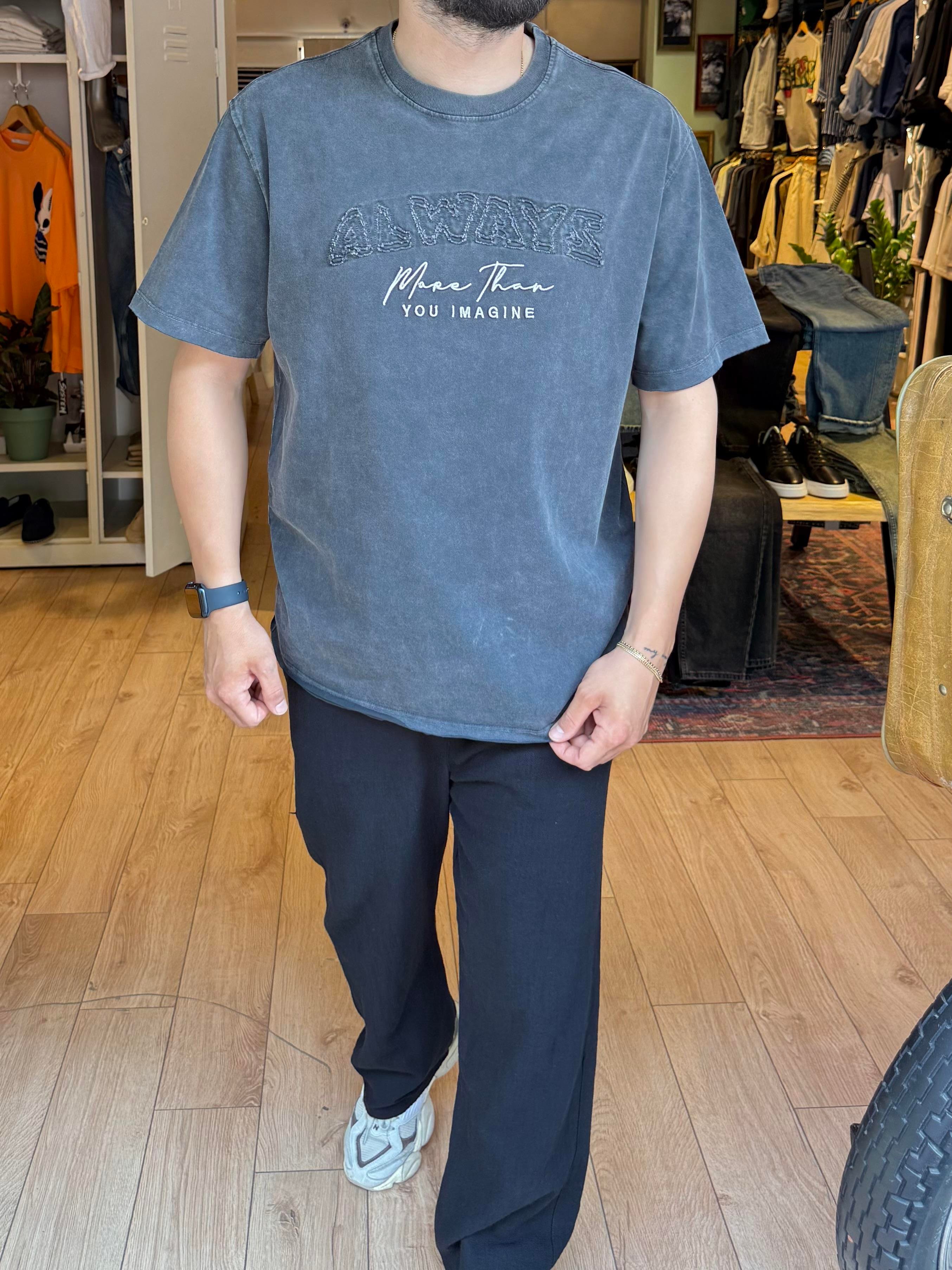 Yıkamalı Always Baskılı Koyu Gri Oversize Tişört