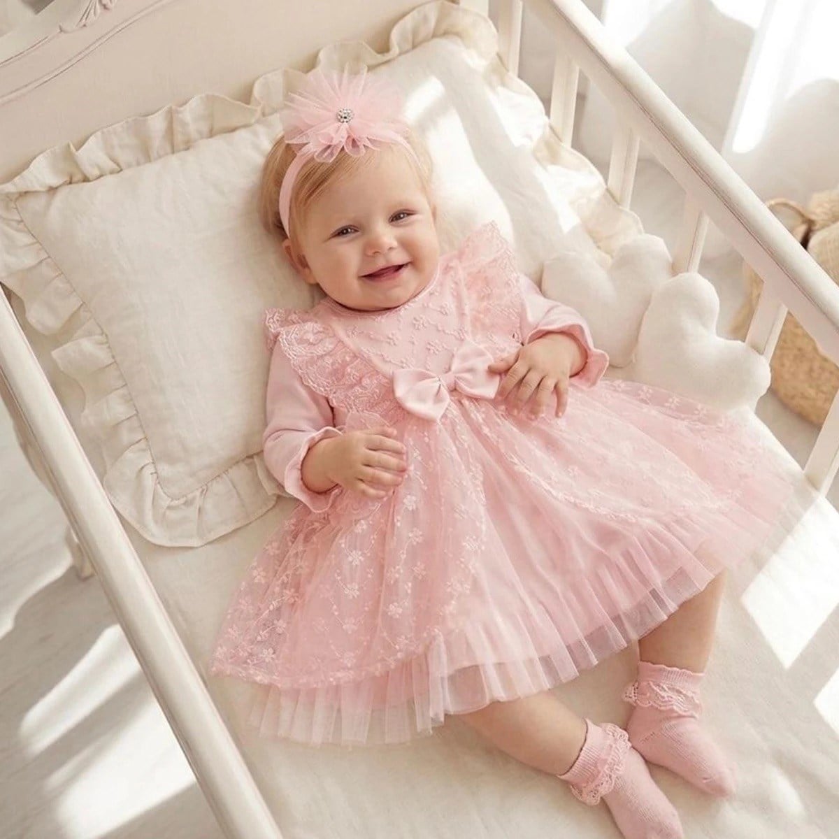 Kız Bebek Fiyonklu Tüllü Elbise 0-12 Ay Pudra Pembe - URU0167-PEMBE-3