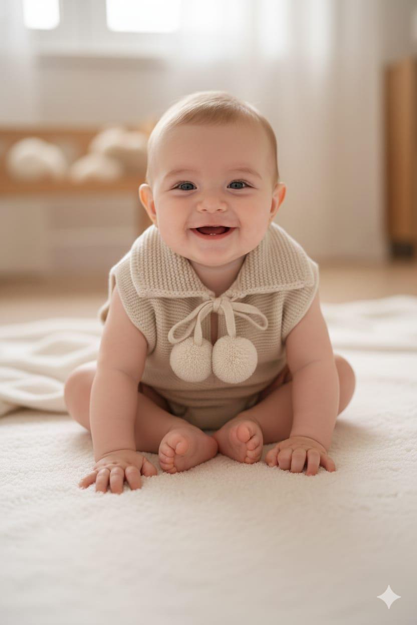 Bebek YelekKahve Ponponlu Kız Bebek Triko Yelek – 3-6 Ay, 6-9 Ay, 9-12 Ay
