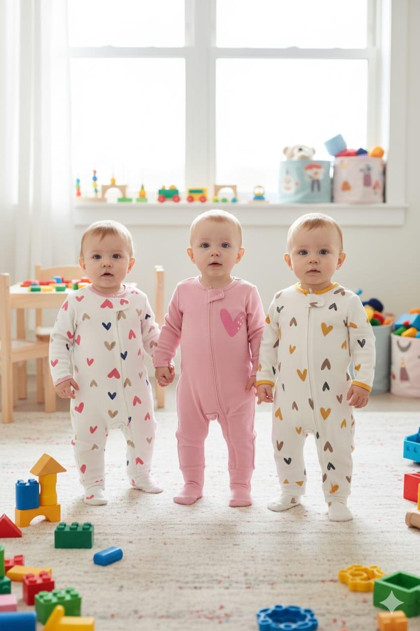 Kız Bebek Tulum / SalopetPembe Kız Bebek %100 Pamuklu Fermuarlı 3'lü Kalpli Desenli Manşetli Tulum Seti (9Ay 12Ay 18Ay)