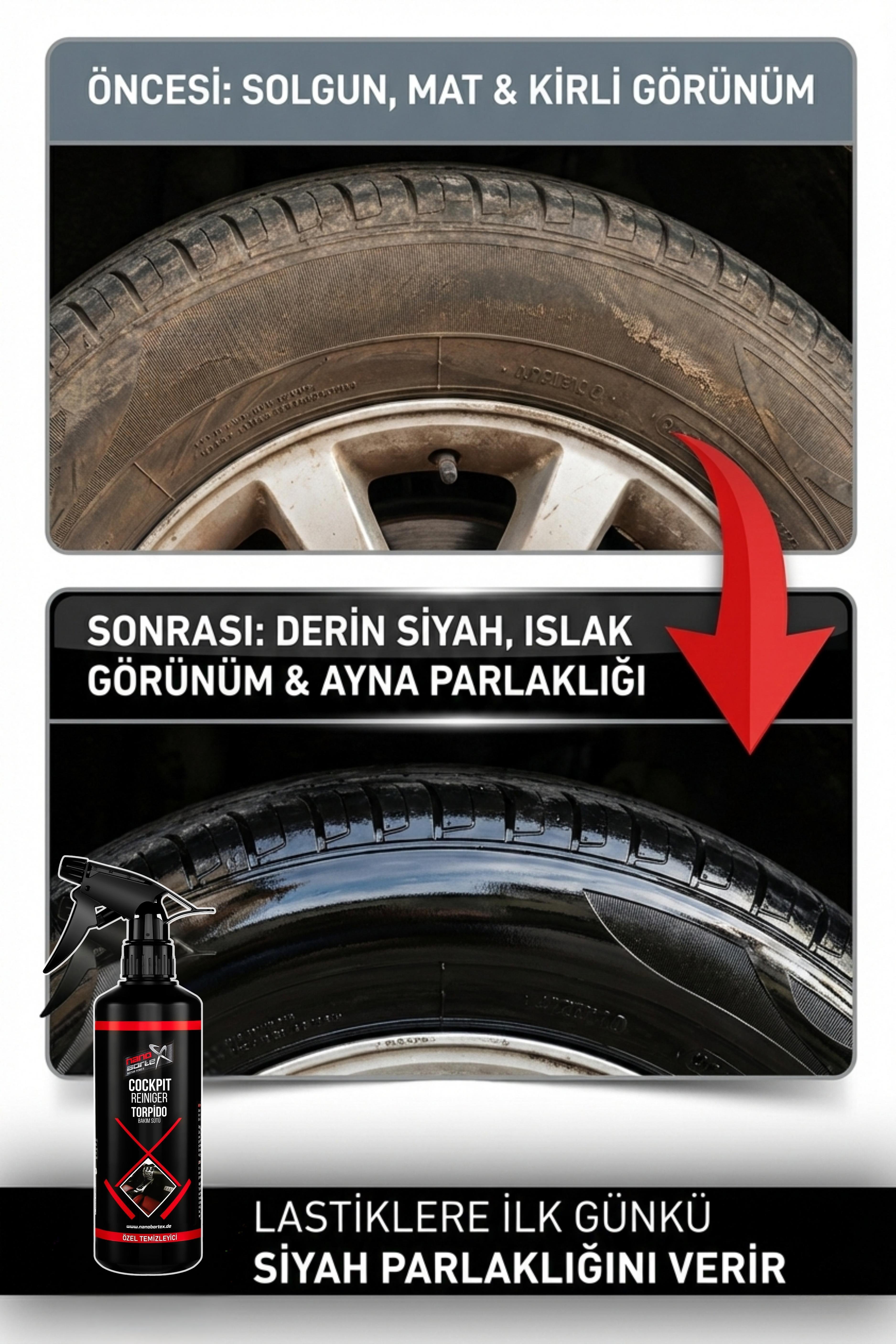 NanoBorTeX Lastik Parlatıcı ve Yenileyici Sprey - Uzun Süreli Islak Görünüm ve Derin  Siyahlık 500 ML