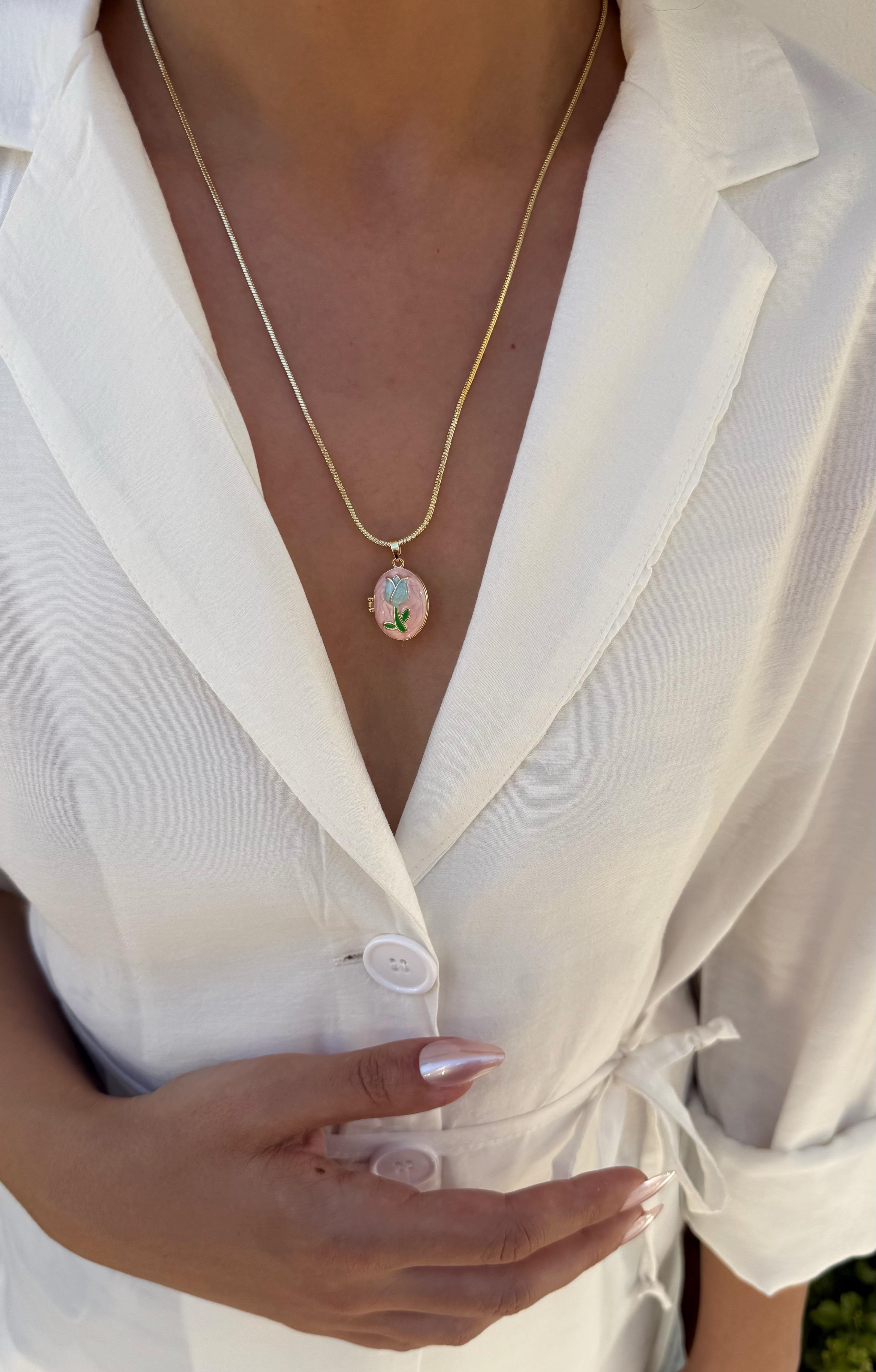 Özel Seri Gold Pembe-Mavi Lale  Vintage Madalyon Kolye