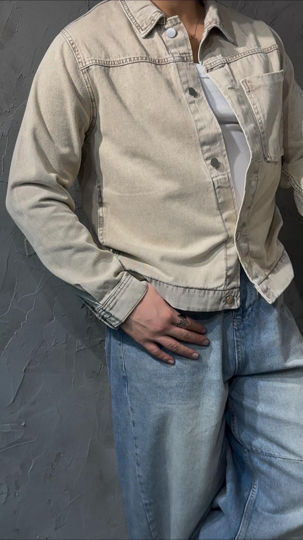 DENIM EFFECT CEPLİ OVERSHİRT KOT CEKET ( TAŞ GRİ )