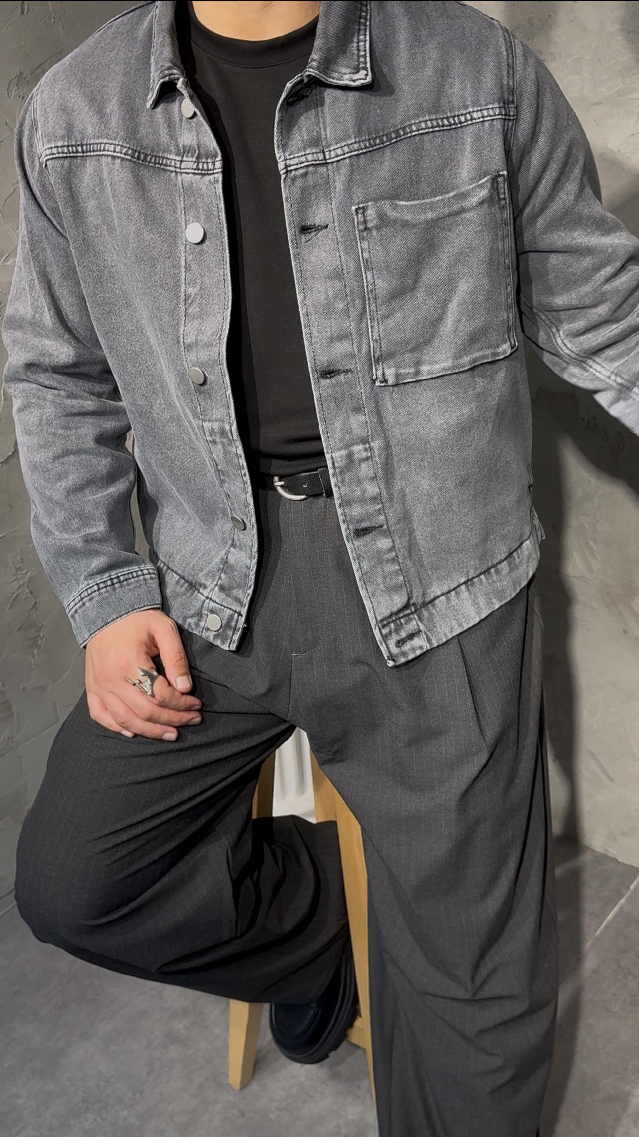 DENIM EFFECT CEPLİ OVERSHİRT KOT CEKET ( KOYU TAŞ GRİ )