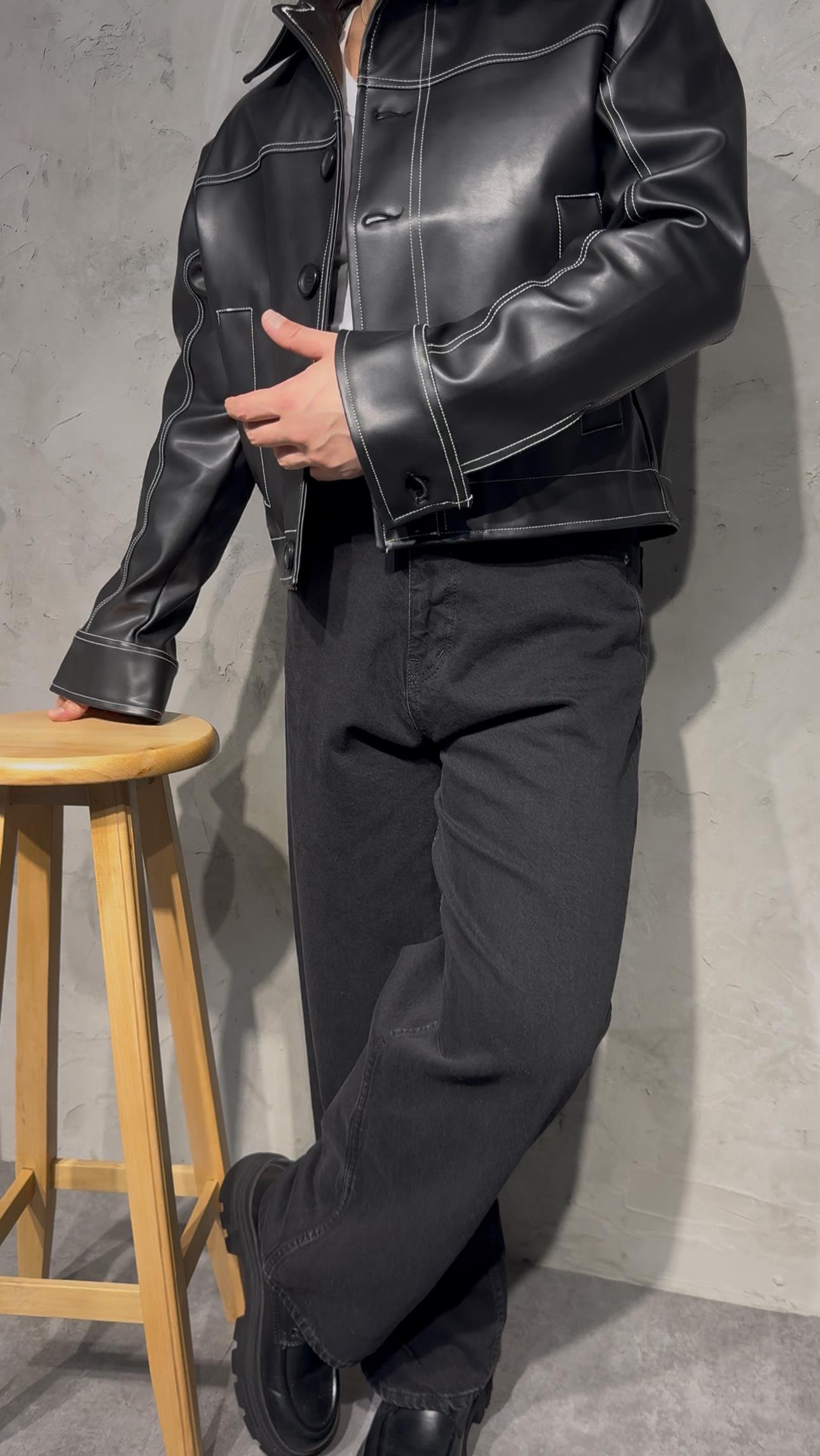 DERİ DİKİŞ DETAYLI - OVERSİZE JACKET ( BLACK ) SİYAH