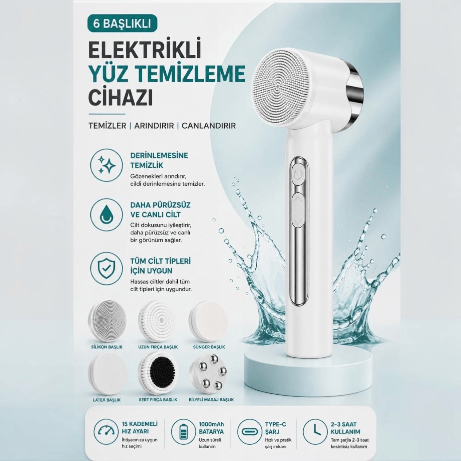  Yüz Temizleme Bakım Masaj Cihazı 15 Kademeli LED Ekran Peeling Cilt Bakımı Şarjlı