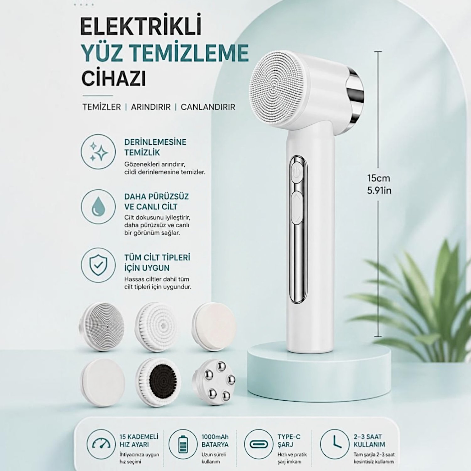  Yüz Temizleme Bakım Masaj Cihazı 15 Kademeli LED Ekran Peeling Cilt Bakımı Şarjlı