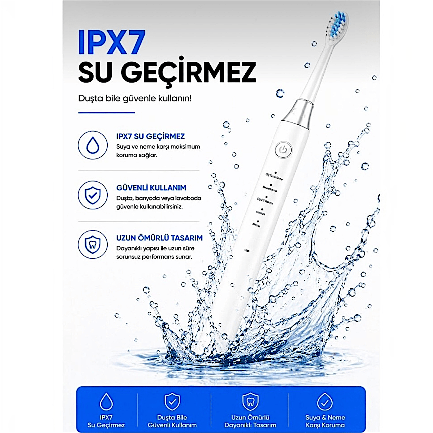 AMF13 Beyaz Şarjlı Elektrikli Diş Fırçası 5 Modlu IPX7 Su Geçirmez 4 Yedek Başlıklı Set 