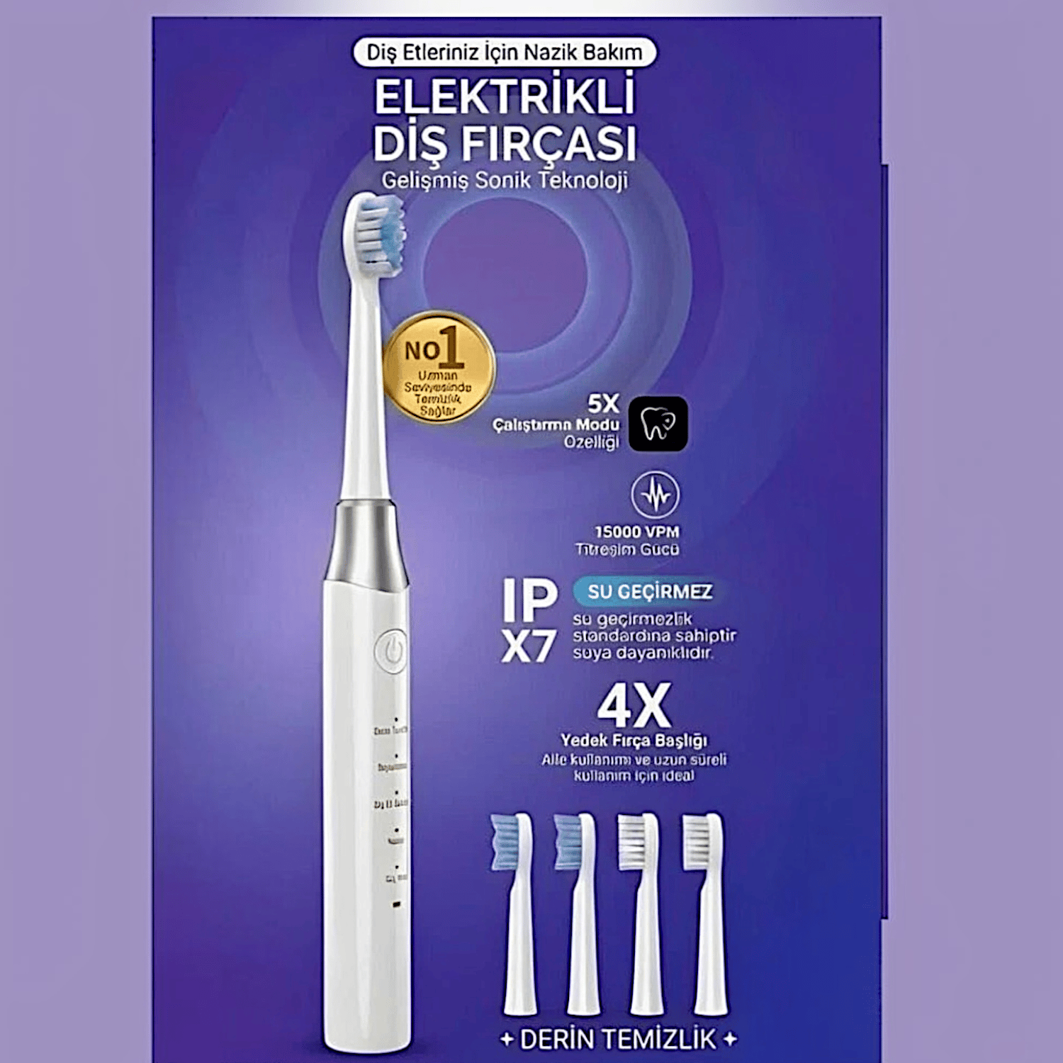 AMF13 Beyaz Şarjlı Elektrikli Diş Fırçası 5 Modlu IPX7 Su Geçirmez 4 Yedek Başlıklı Set 