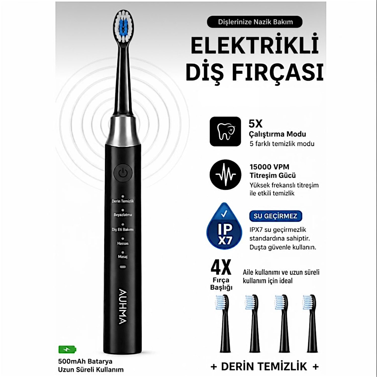 AMF13 Siyah Şarjlı Elektrikli Diş Fırçası 5 Modlu IPX7 Su Geçirmez 4 Yedek Başlıklı Set 