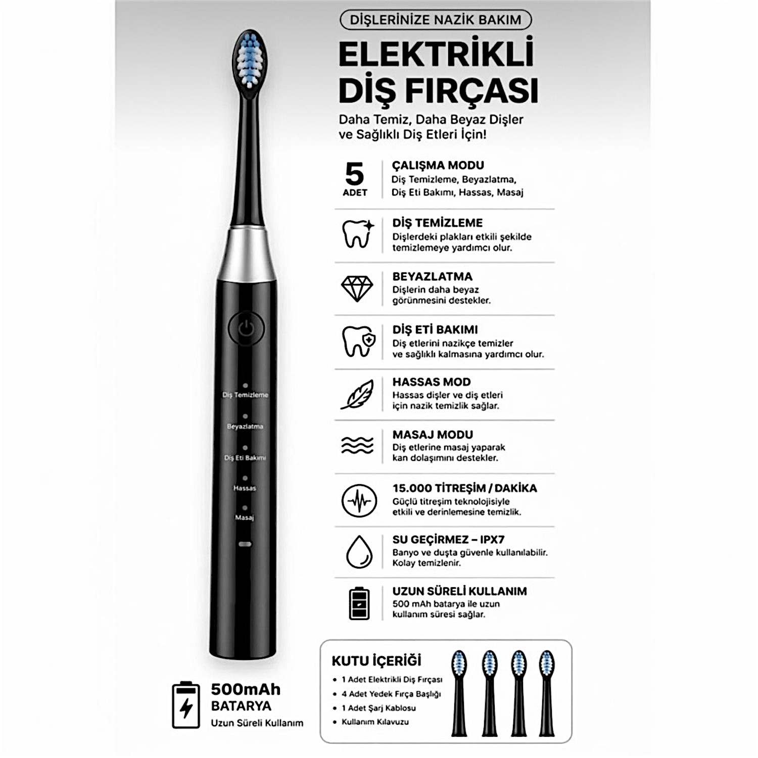 AMF13 Siyah Şarjlı Elektrikli Diş Fırçası 5 Modlu IPX7 Su Geçirmez 4 Yedek Başlıklı Set 