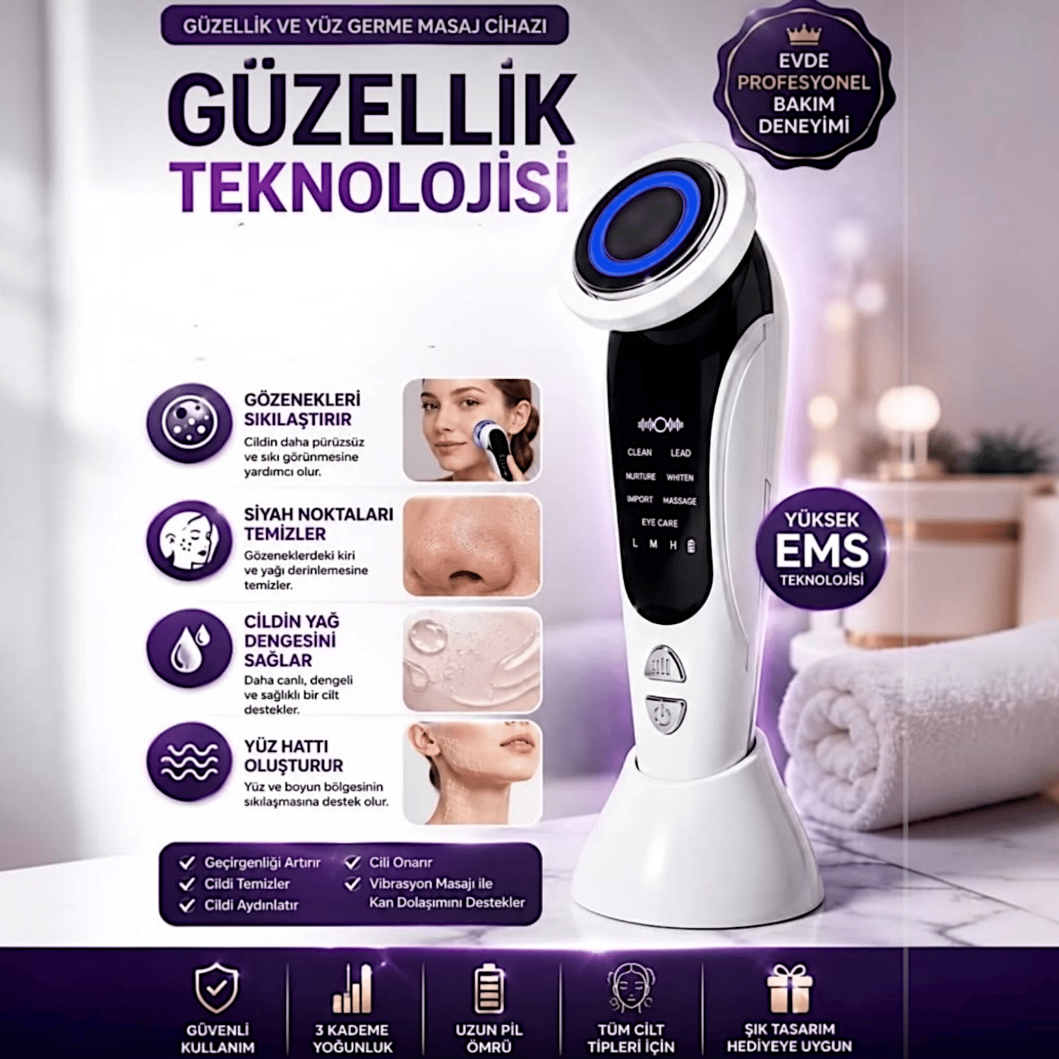 AUHMA AHB-05 Yüz Germe Sıkılaştırma, Cihazı Siyah Nokta Temizleme,Göz Altı Bakımı 7'si 1 Arada 
