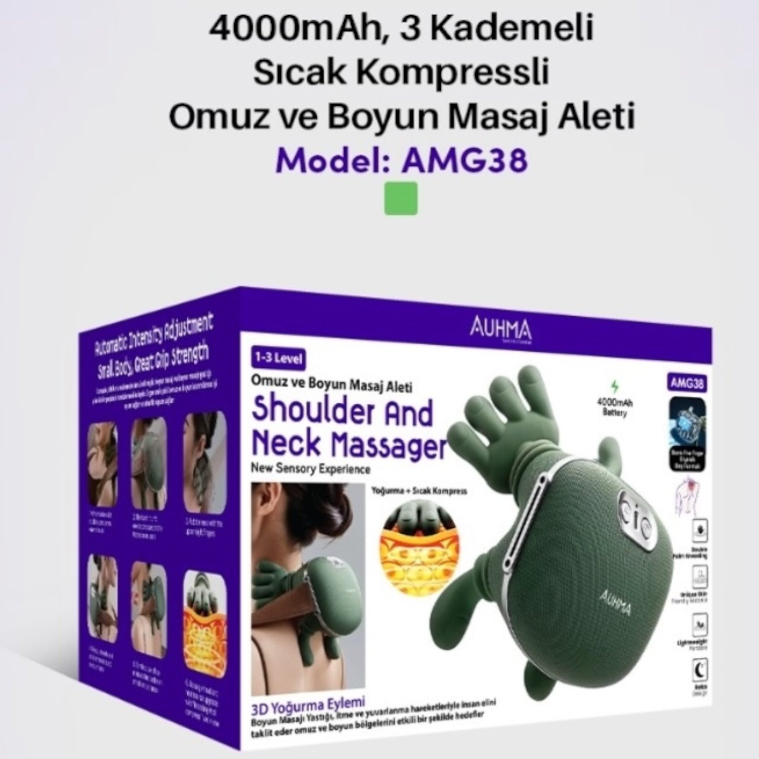 Auhma AMG38 Şarjlı Isıtmalı Boyun ve Omuz Masaj Aleti – 3D Yoğurma Derin Doku Shiatsu Masaj Cihazı (45°c Heat Therapy)