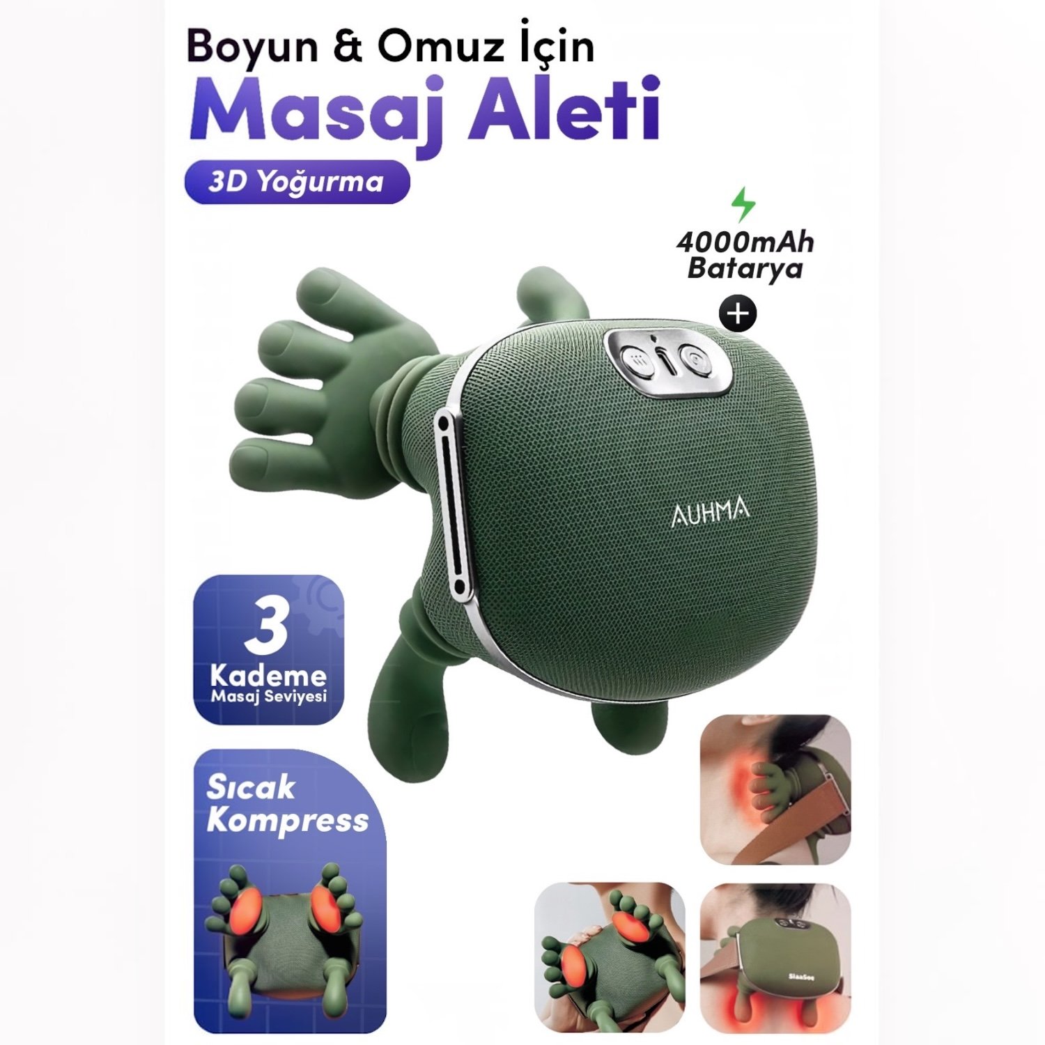Auhma AMG38 Şarjlı Isıtmalı Boyun ve Omuz Masaj Aleti – 3D Yoğurma Derin Doku Shiatsu Masaj Cihazı (45°c Heat Therapy)