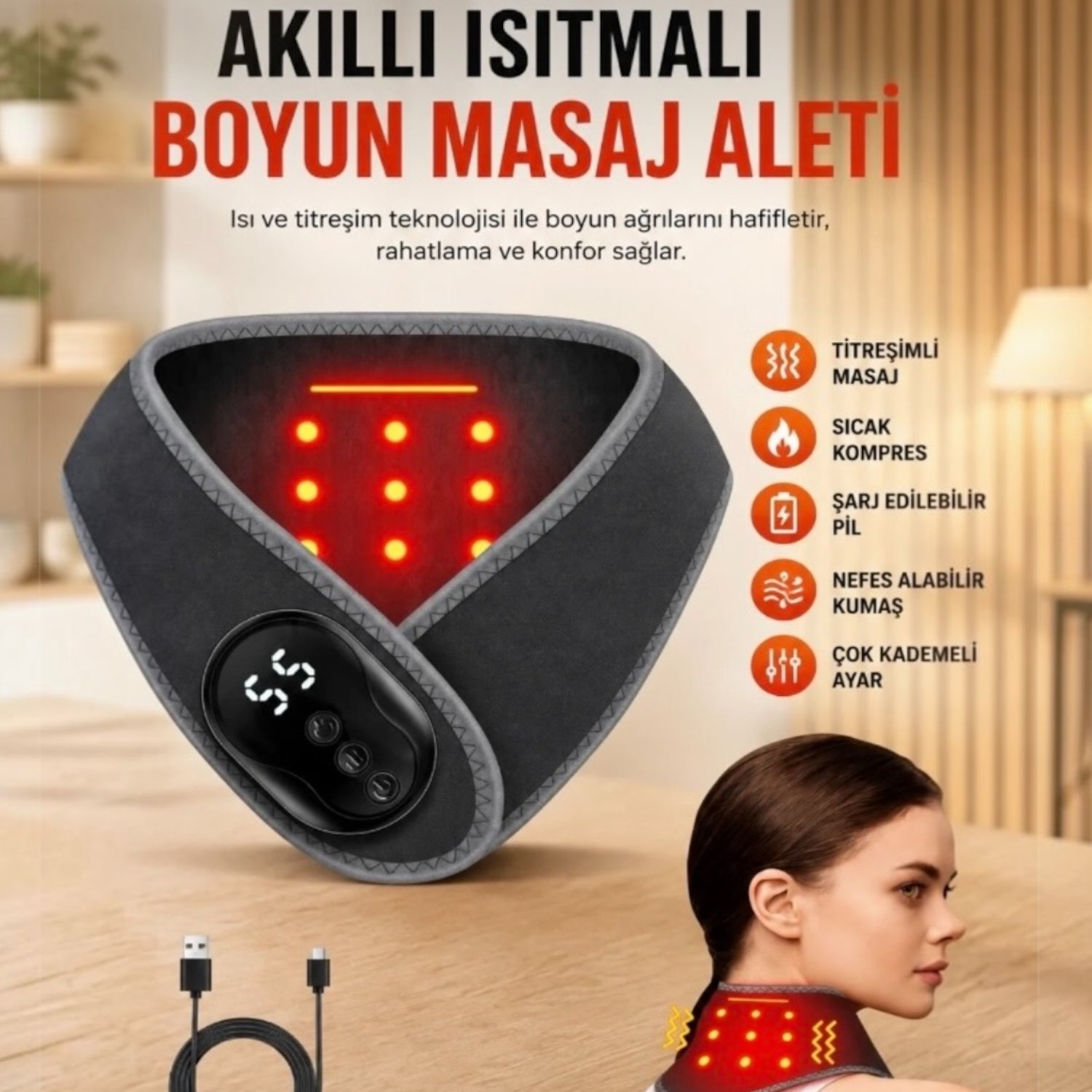 Auhma AMG41 Isı Teknolojili Boyun Masaj Aleti Terapi 5 Kademeli Termal Sıcak Kompres Kablosuz 