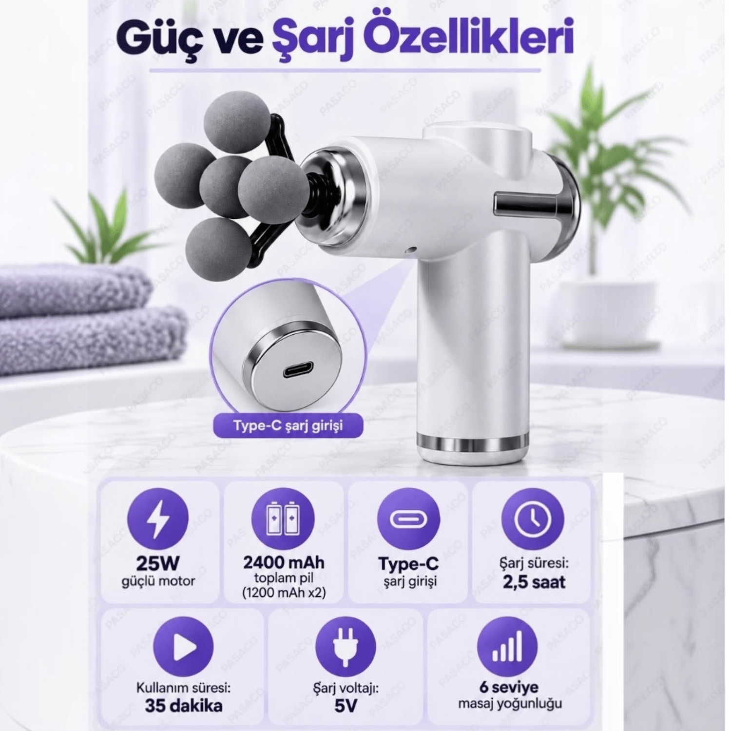 Auhma AMG49 2400MAH 6 Kademeli 5 Başlıklı Masaj Tabancası – Derin Kas Masaj Cihazı