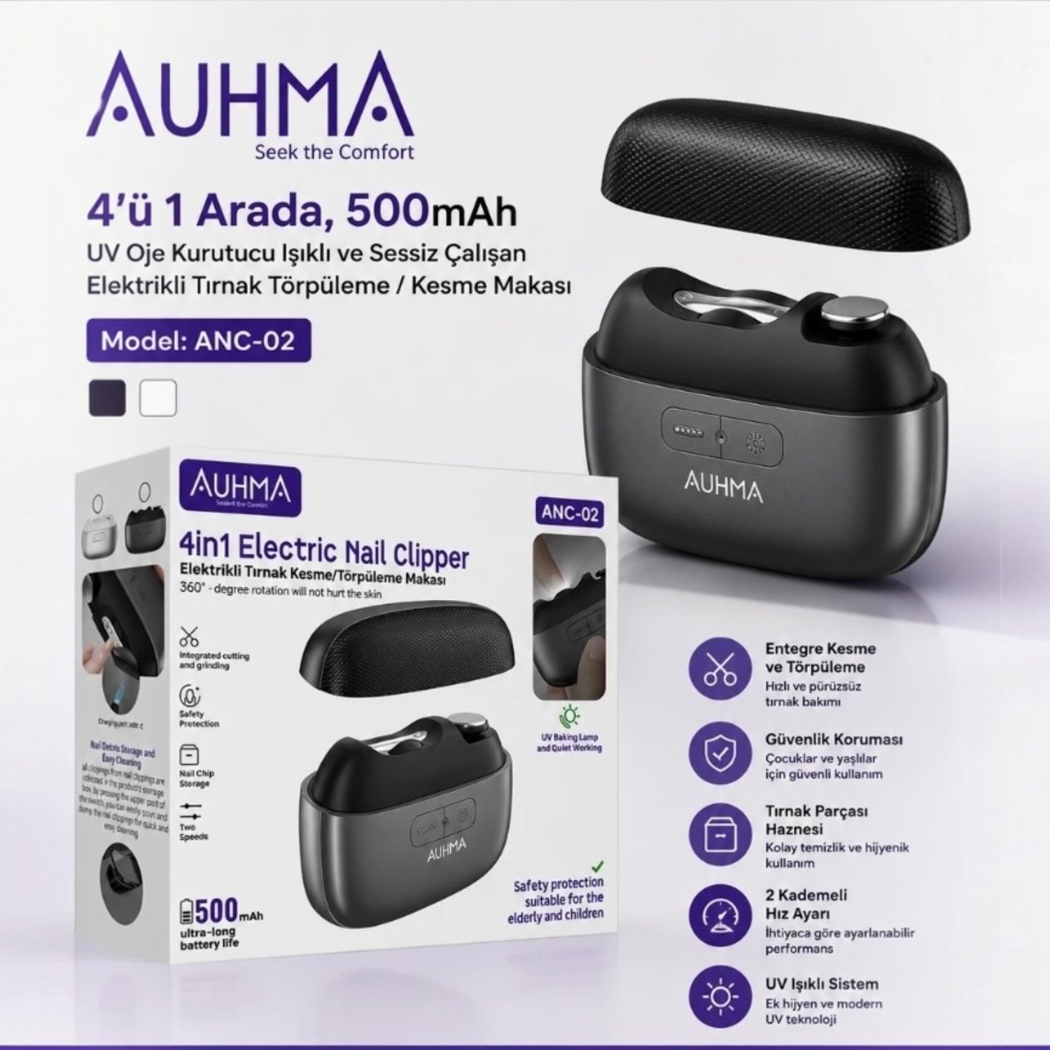 AUHMA ANC-02 4in1 Elektrikli Tırnak Törpüleme Ve Kesme Makası Otomatik Tırnak Makinesi