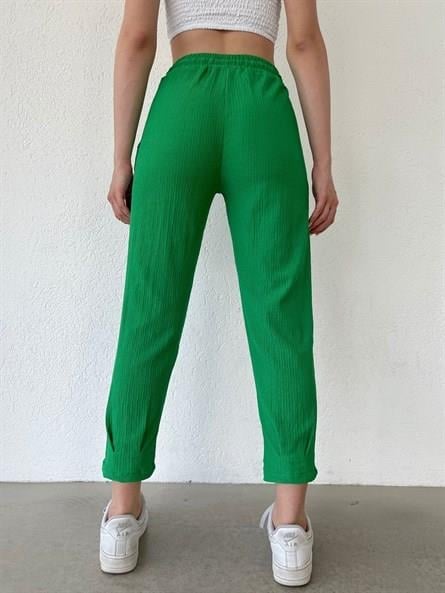 Beli Lastikli Paça Pensli Pantolon Yeşil