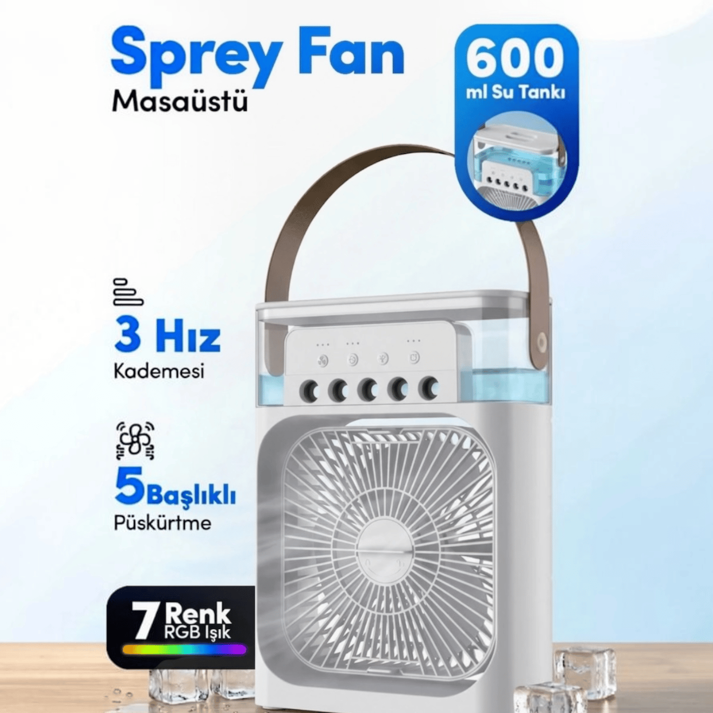 Blic 5 Başlıklı Buharlı Klima Fanı 600ML Su Hazneli Siyah | USB-C Şarj ile Kullanım Masaüstü Air Cooler Beyaz