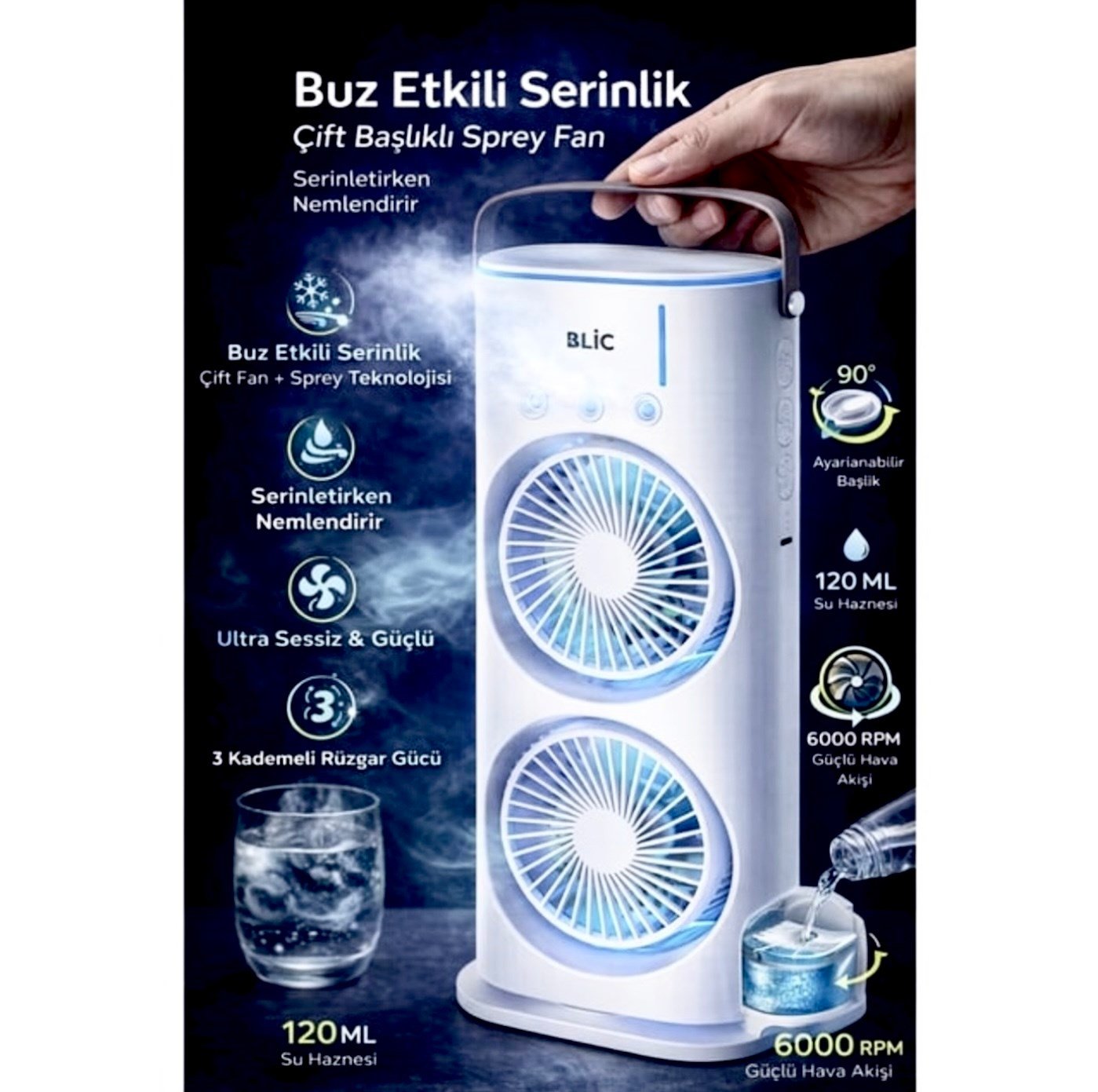 Blic  Masaüstü Spreyli Fan - 120ml Su Hazneli, Şarjlı Taşınabilir Soğutucu Fan