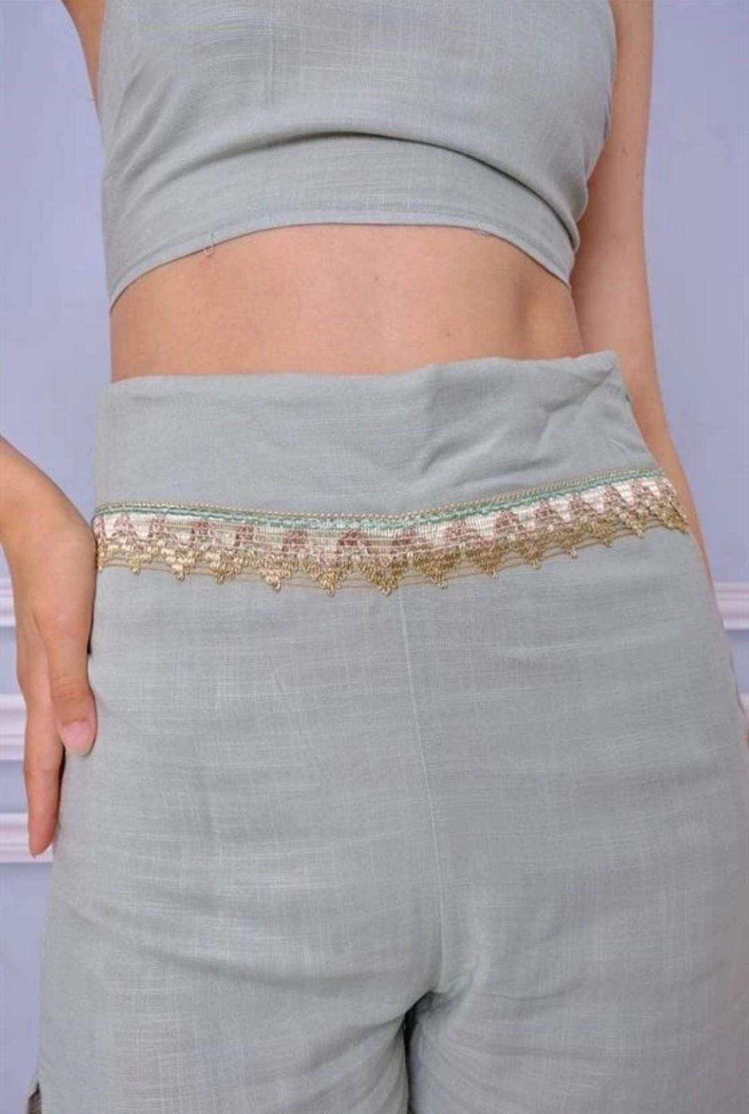 Boyundan Bağlamalı Crop Bluz Şort Takım Su Yeşili