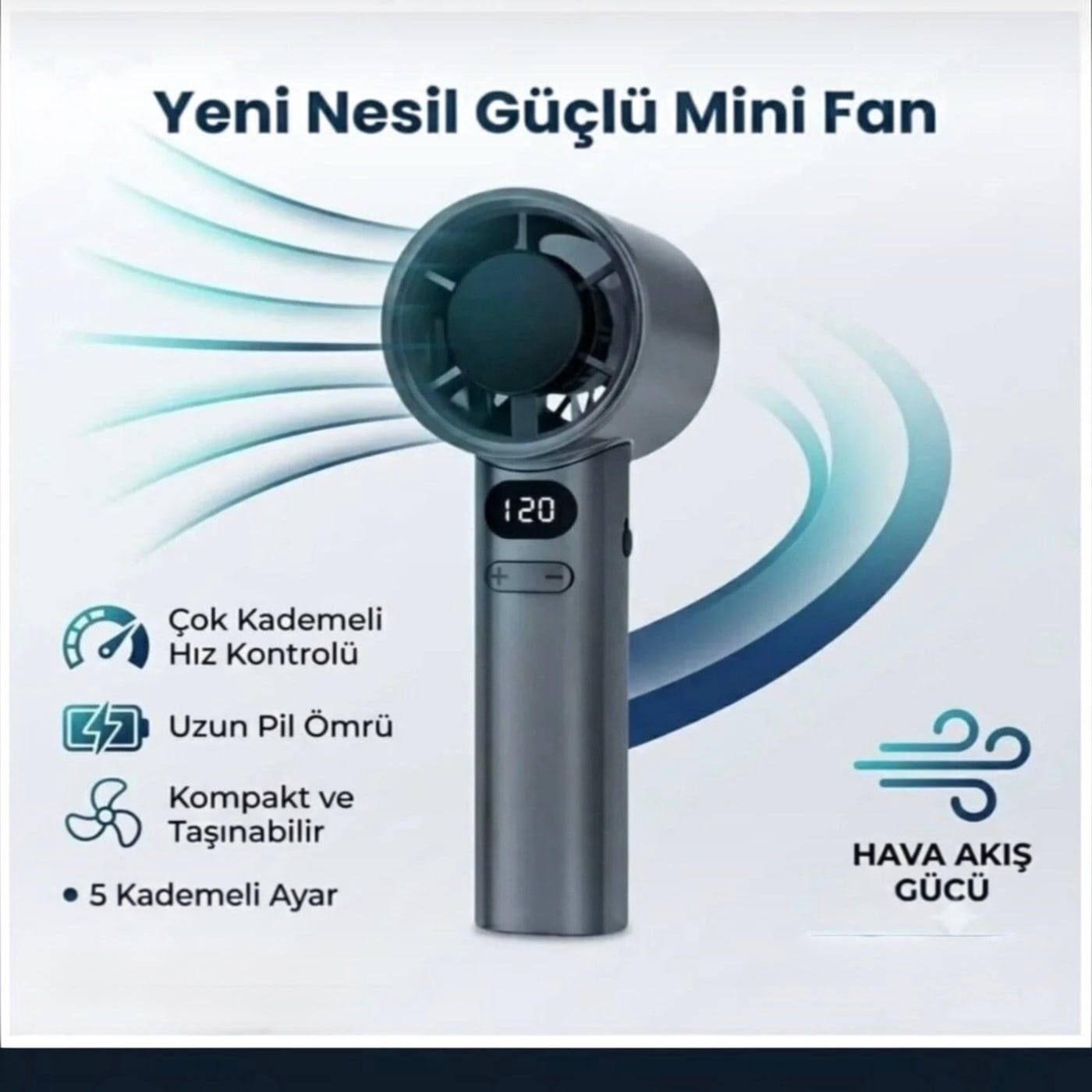 Dijital Göstergeli 14000 RPM Turbo Şarjlı El Fanı 5 Kademeli Taşınabilir Mini Vantilatör Cep Tipi Güçlü Soğutucu Gri Renk 