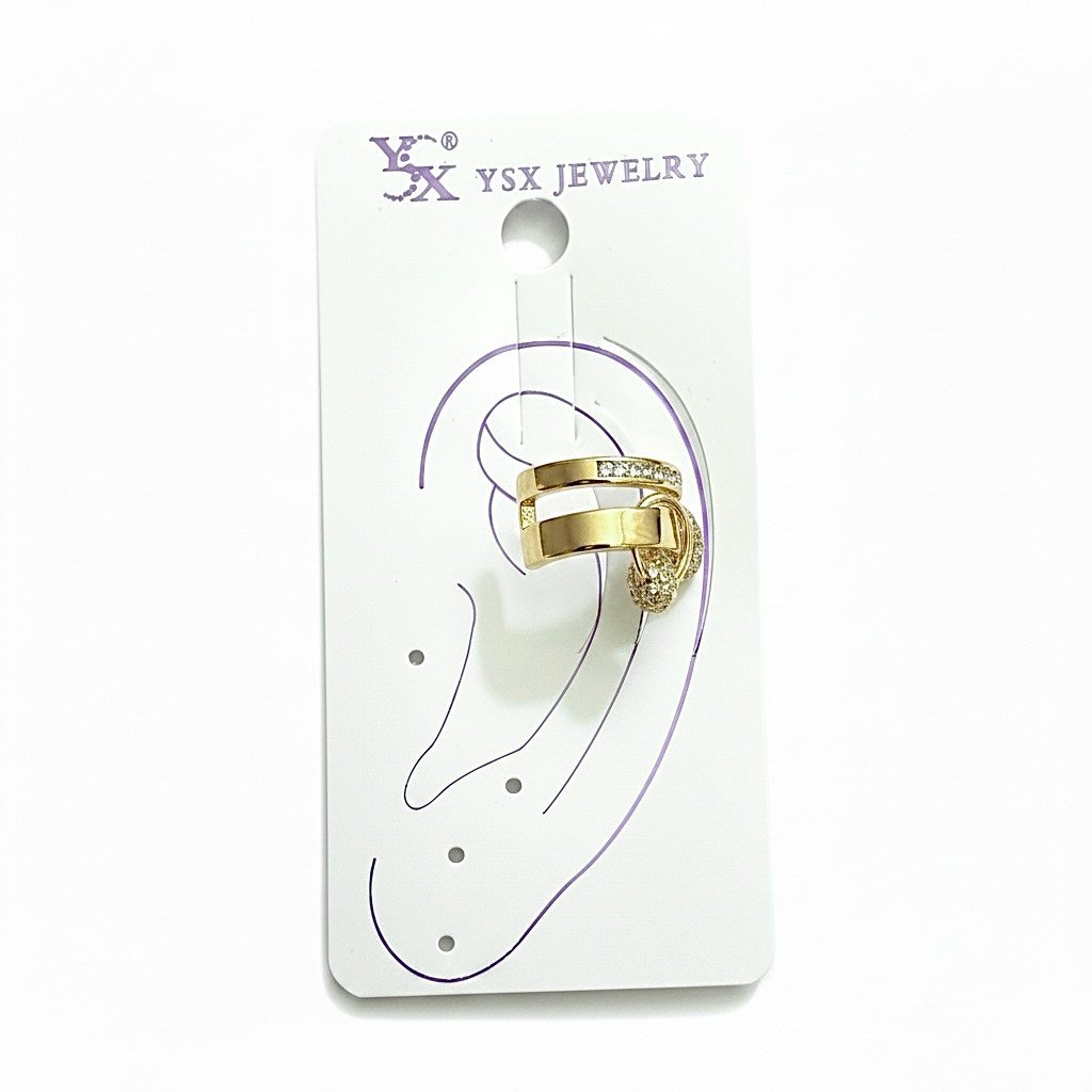 Earcuff Sıkıştırmalı Çelik Kıkırdak Küpe Çift Sıra Bantlı Halka Detaylı Zirkon Taşlı Altın  Renk         