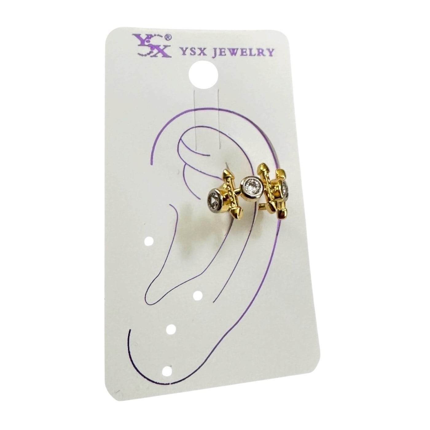 Earcuff Sıkıştırmalı Çelik Kıkırdak Küpe 3 Tek Taşlı Ok Figürlü Altın Renk         
