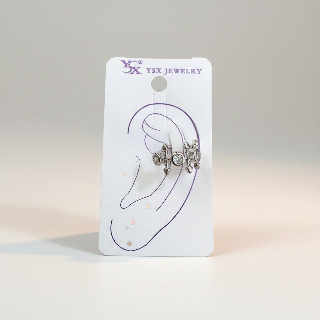 Earcuff Sıkıştırmalı Çelik Kıkırdak Küpe 3 Tek Taşlı Ok Figürlü Gümüş Renk         