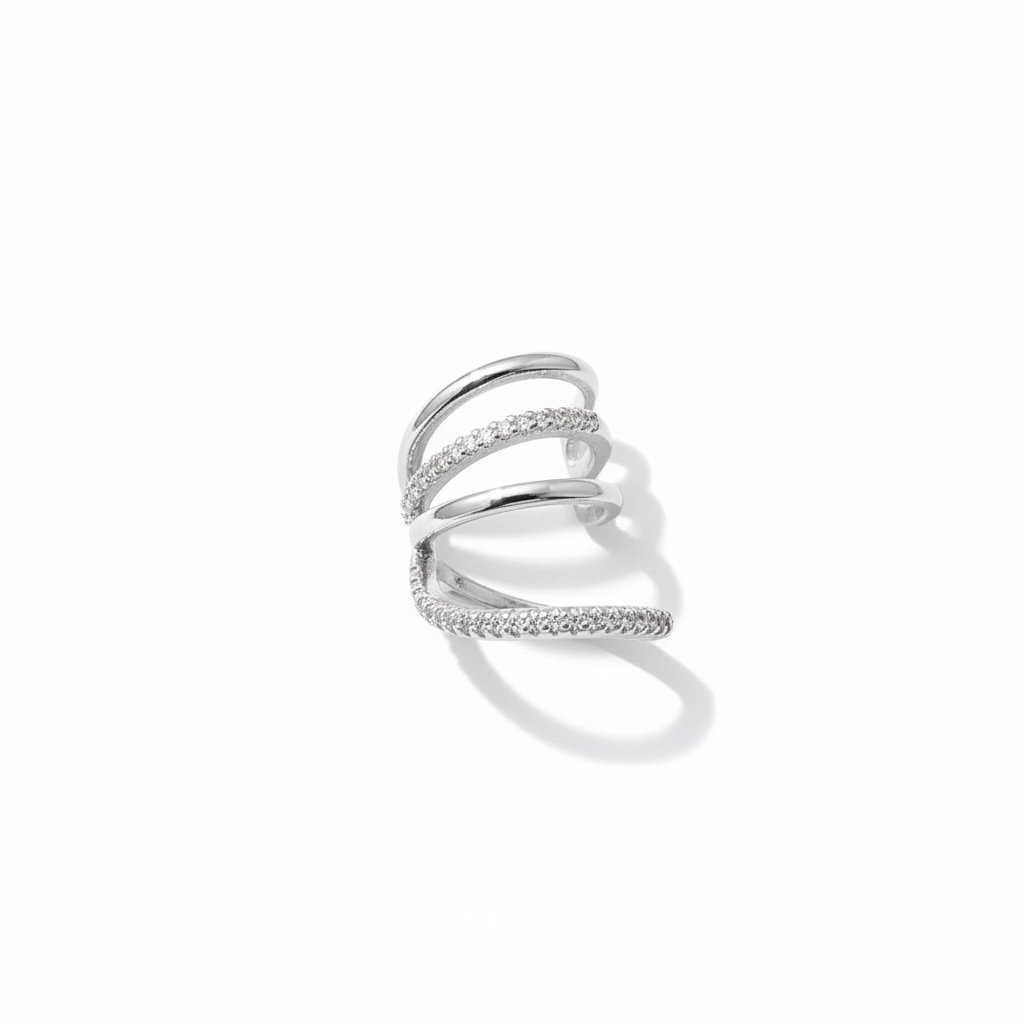 Earcuff Sıkıştırmalı Çelik Kıkırdak Küpe Çoklu Halka Görünümlü Gümüş Renk         