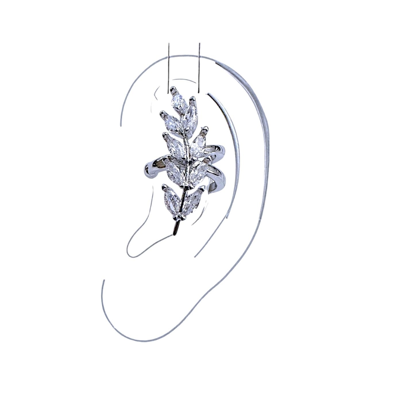 Earcuff Sıkıştırmalı Pirinç Kıkırdak Küpe Yaprak Detaylı Baget Taşlı  Gümüş Renk         