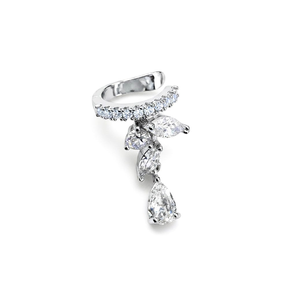 Earcuff Sıkıştırmalı Pirinç Kıkırdak Küpe Damla Kesim Baget Taş Sallantılı Gümüş Renk         