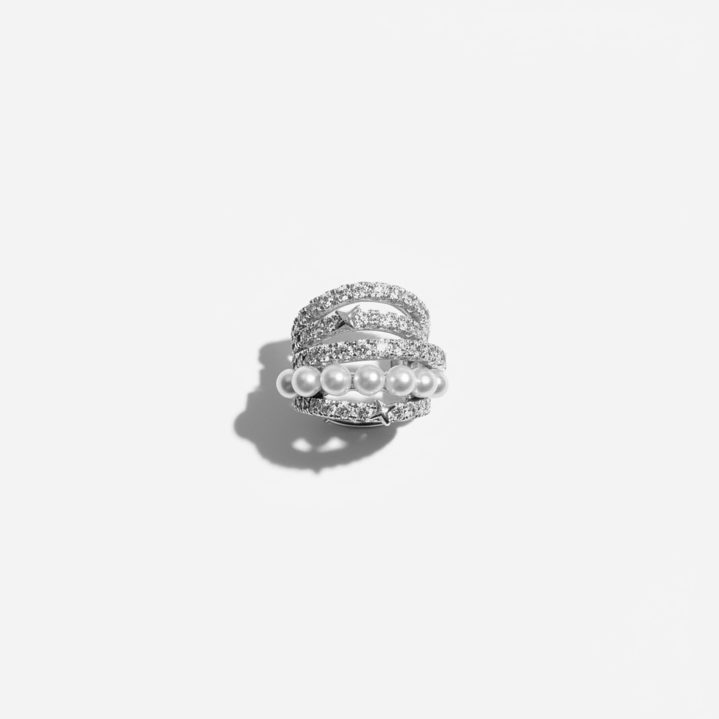 Earcuff Sıkıştırmalı Pirinç Kıkırdak Küpe Tek Sıra İncili Zirkon Taşlı Gümüş Renk         
