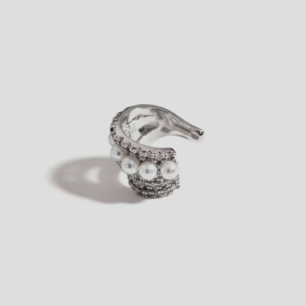 Earcuff Sıkıştırmalı Pirinç Kıkırdak Küpe Tek Sıra İncili Zirkon Taşlı Gümüş Renk         